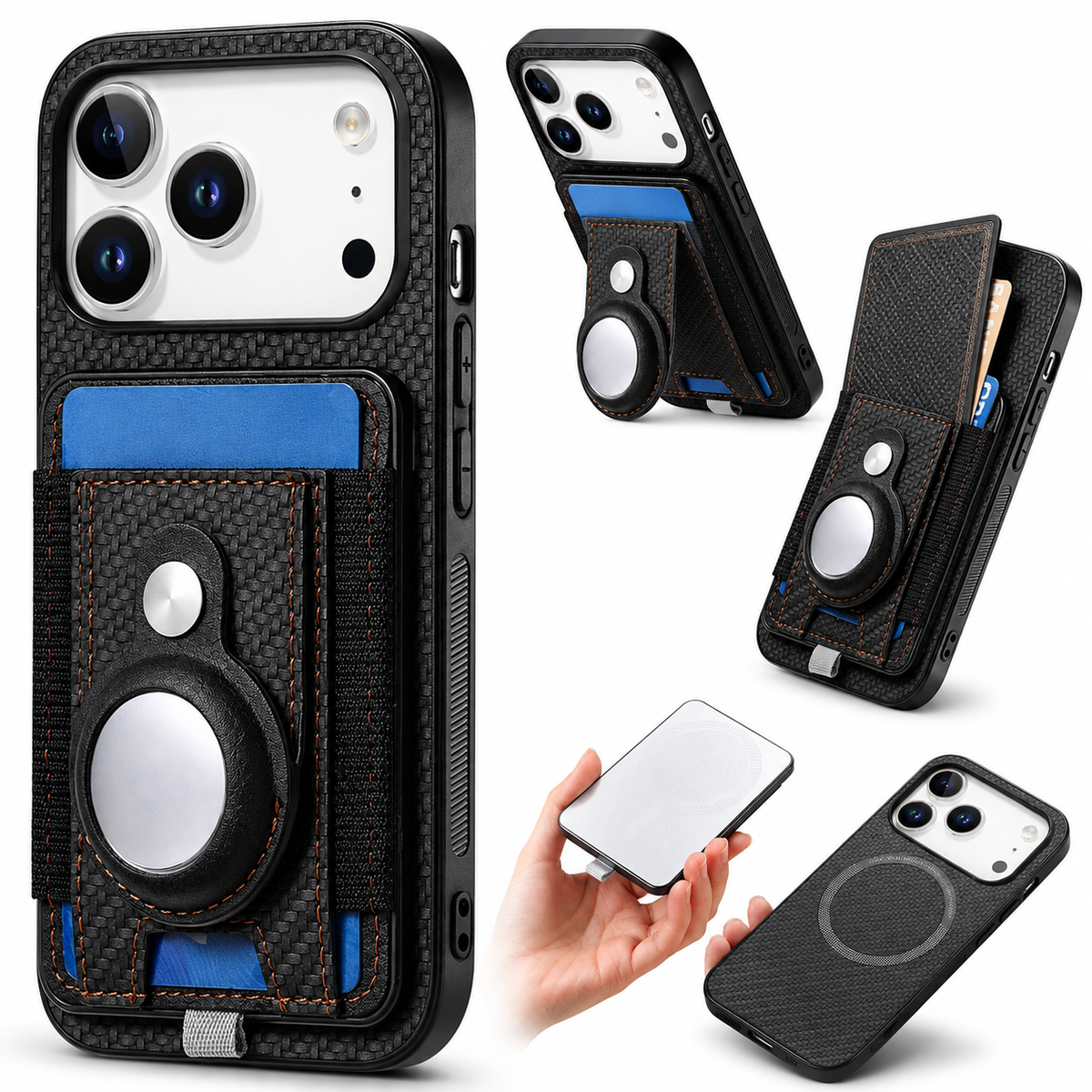 Premium iPhone Case MagSafe Magnetic Wallet Cover AirTag Card Holder Shockproof Anti Scratch Non-Slip PC + TPU Protective Wireless Charging Slim Design