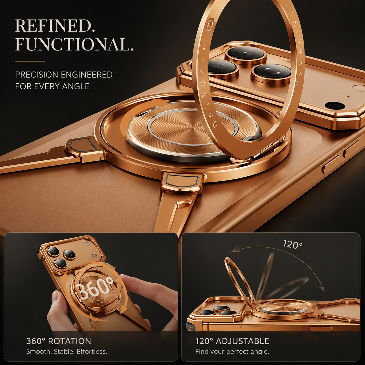 Premium iPhone Case MagSafe Metal Frameless Shockproof Bumper Cover 360° Rotating Ring Stand Magnetic Grip Protective Slim Open Back Minimalist Design