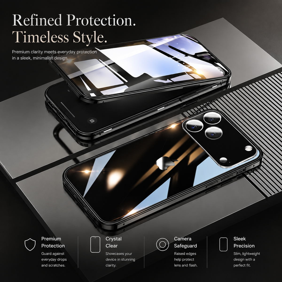 Premium iPhone Case MagSafe Metal Magnetic Double Sided Tempered Glass Shockproof Full Coverage Clear Protective Cover Lock Catch Slim Secure Frame
