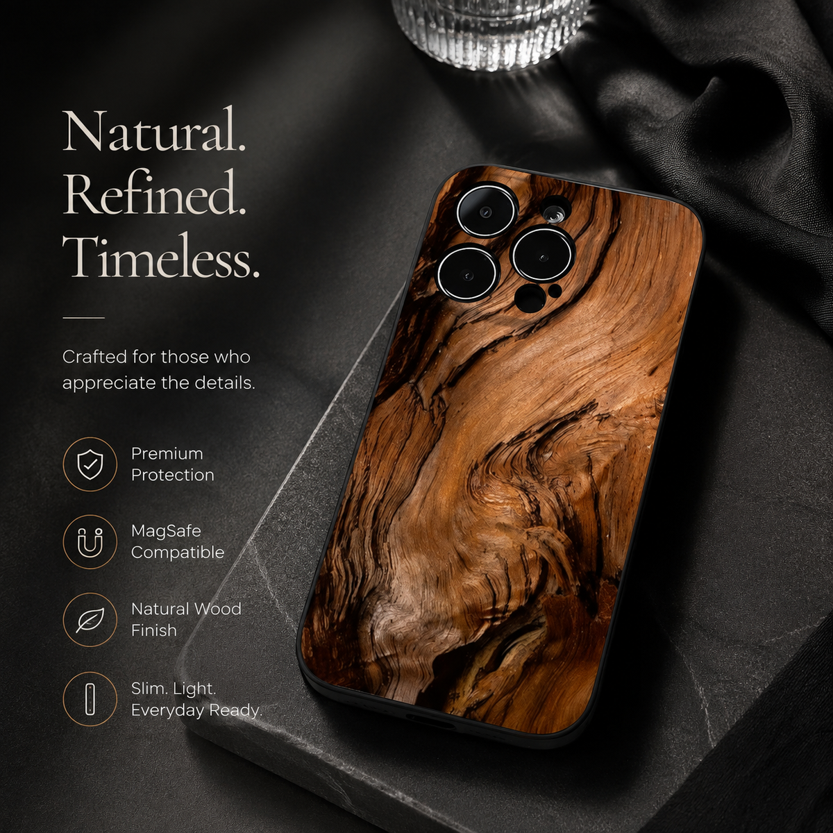 Premium iPhone Case MagSafe Natural Wood Back TPU Bumper Shockproof Magnetic Cover Camera Lens Protection Ultra Thin Slim Protective Design