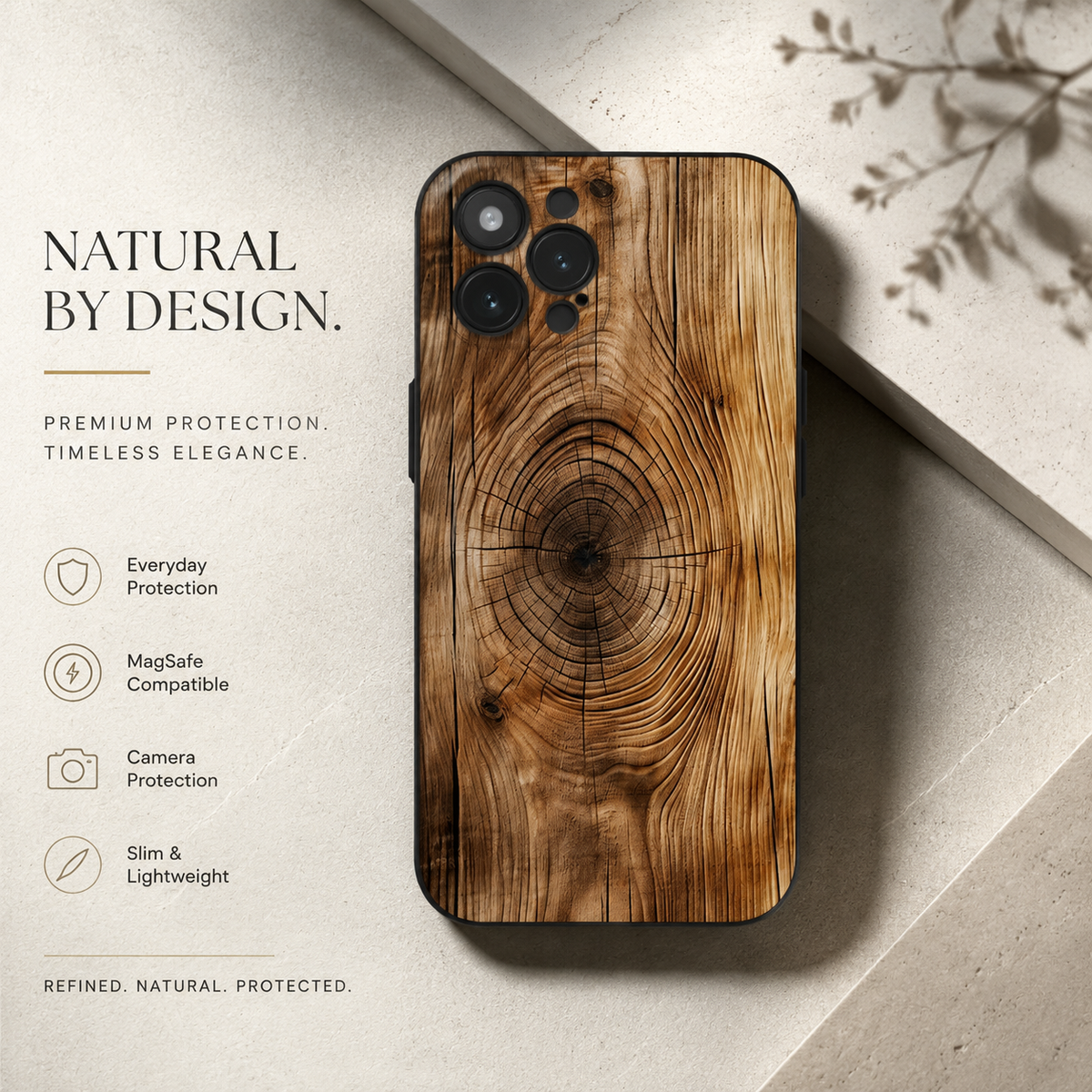 Premium iPhone Case MagSafe Natural Wood Back TPU Bumper Shockproof Magnetic Cover Camera Lens Protection Ultra Thin Slim Protective Design