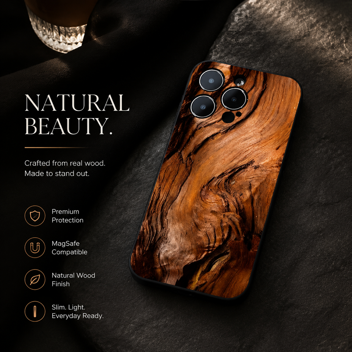 Premium iPhone Case MagSafe Natural Wood Back TPU Bumper Shockproof Magnetic Cover Camera Lens Protection Ultra Thin Slim Protective Design