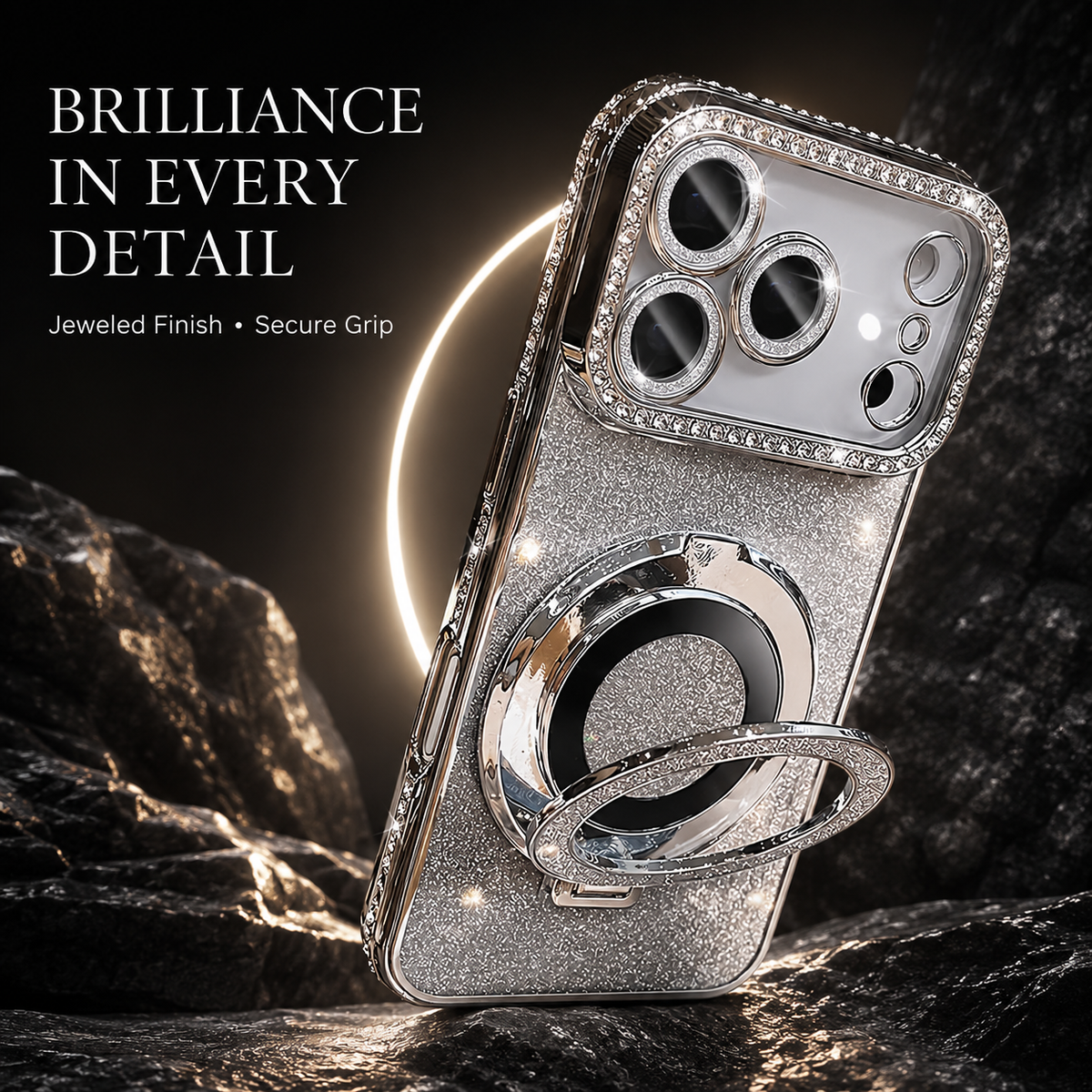 Premium iPhone Case MagSafe Rhinestone Diamond Magnetic Stand Holder Plating TPU Shockproof Non Slip Sparkling Protective Bumper Cover Case Design Pro
