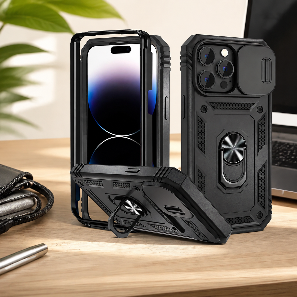 Premium iPhone Case MagSafe Rugged Armor Card Holder Kickstand Shockproof Camera Lens Protection Heavy Duty Cover 360 Rotating Stand Magnetic Grip Pro