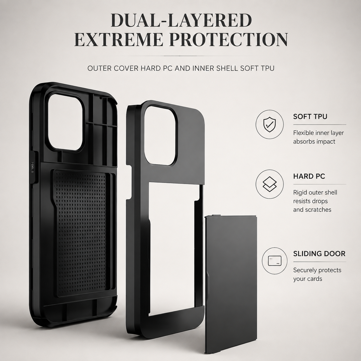 Premium iPhone Case MagSafe Rugged Slide Wallet Card Holder PC TPU Shockproof Protective Cover Anti Fingerprint Scratch Resistant Non Slip Armor Build