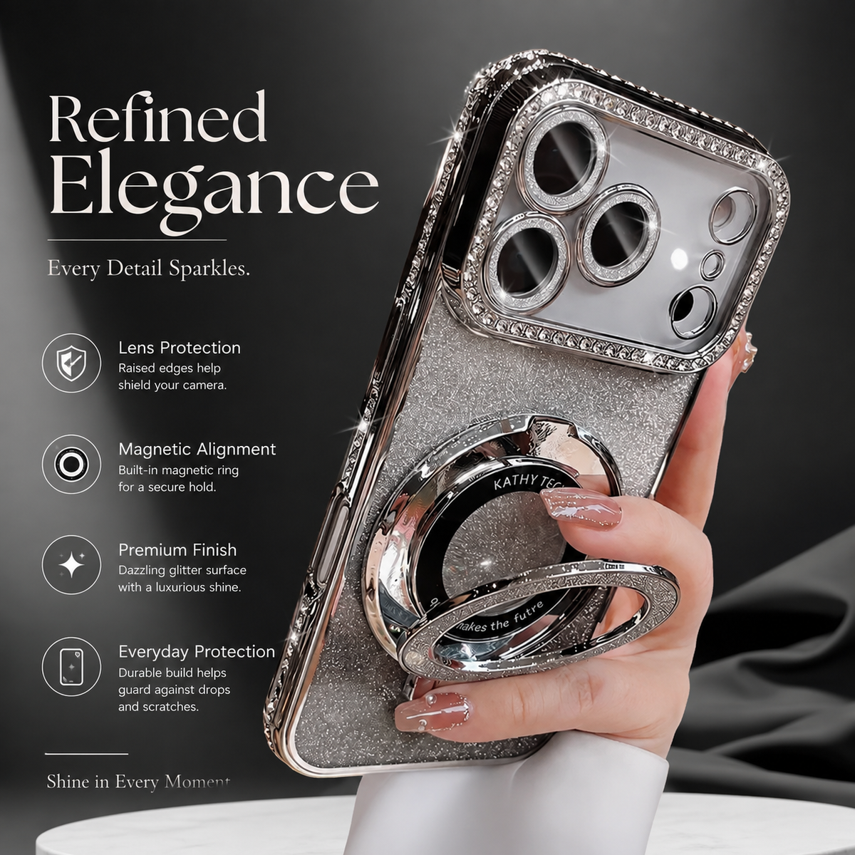Premium iPhone Case MagSafe Transparent Diamond Glitter Magnetic Protective Cover Camera Lens Protection Kickstand Clear TPU Anti Scratch Slim Case