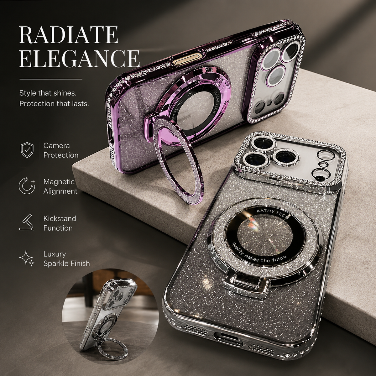 Premium iPhone Case MagSafe Transparent Diamond Glitter Magnetic Protective Cover Camera Lens Protection Kickstand Clear TPU Anti Scratch Slim Case