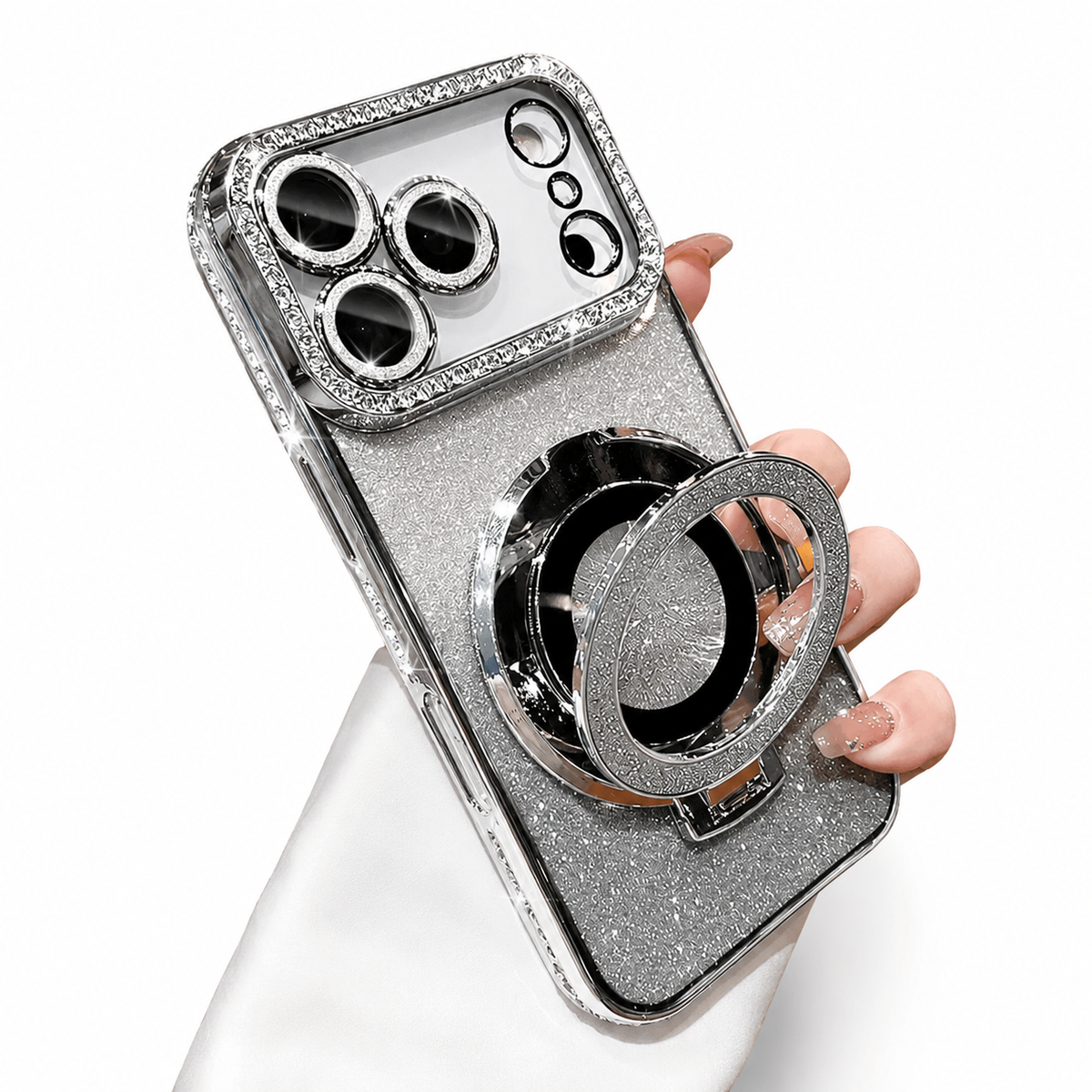 Premium iPhone Case MagSafe Transparent Diamond Glitter Magnetic Protective Cover Camera Lens Protection Kickstand Clear TPU Anti Scratch Slim Case