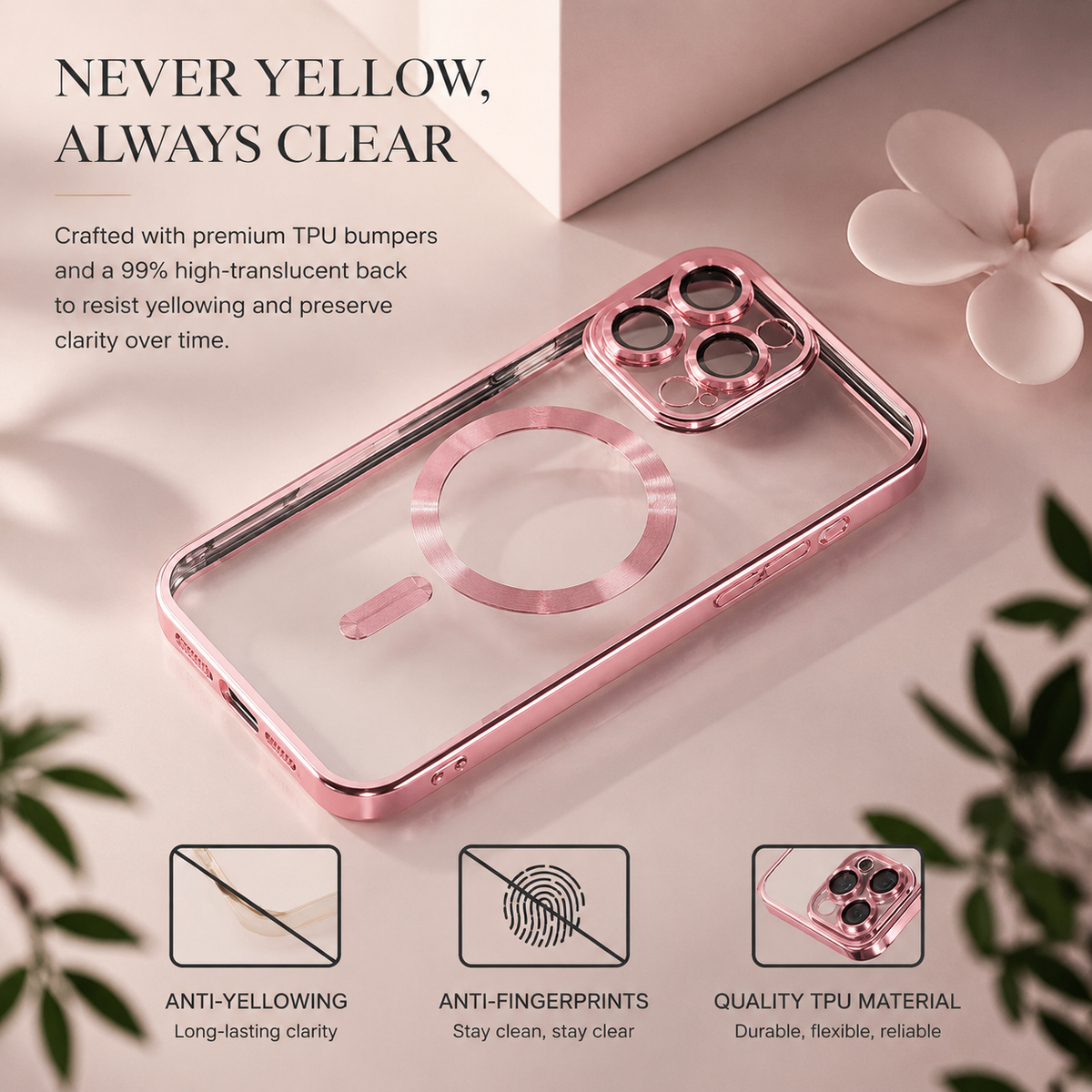Premium iPhone Case MagSafe Transparent TPU Plated Camera Lens Protection Shockproof Anti Fingerprint Anti Scratch Magnetic Slim Half Wrapped Clear Cover