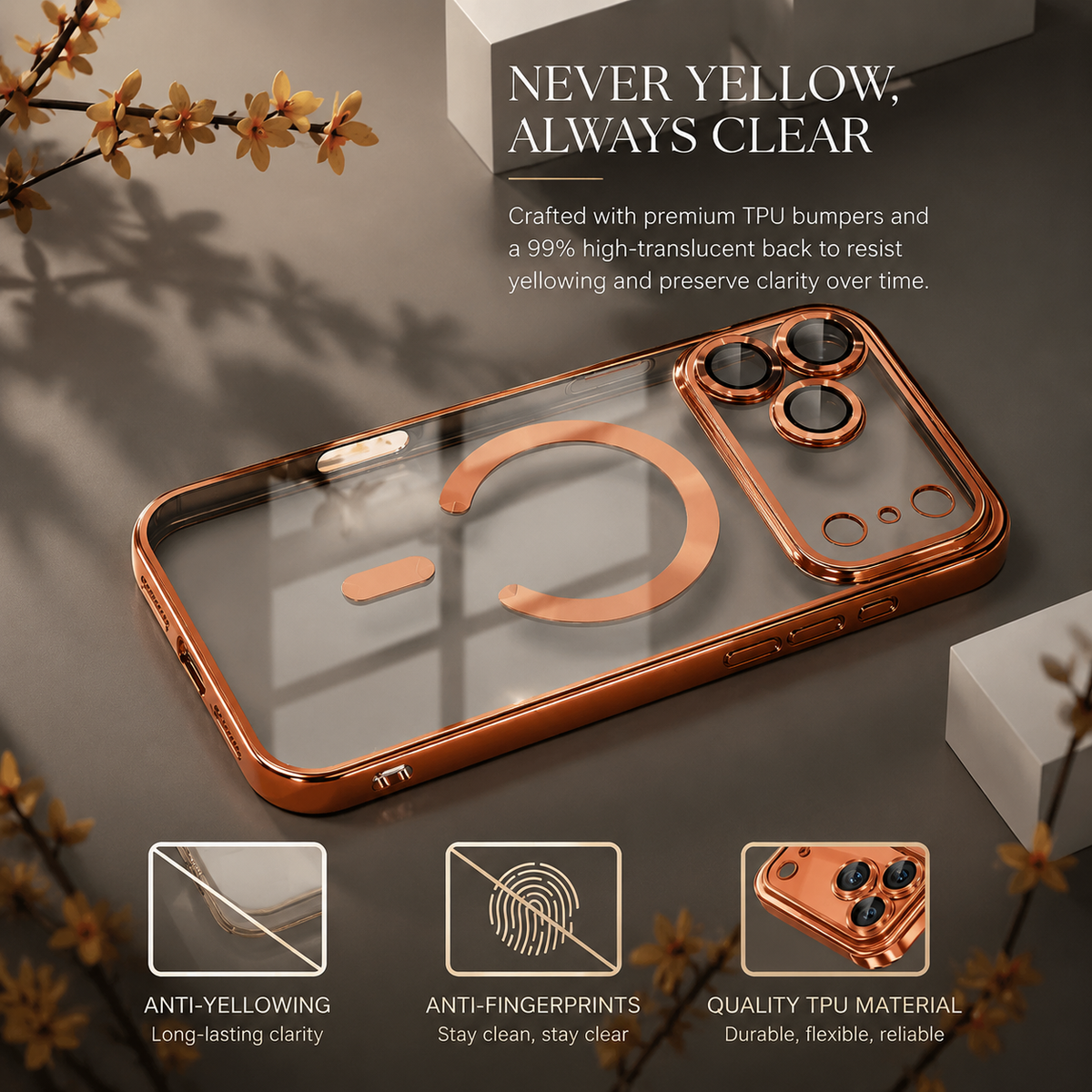 Premium iPhone Case MagSafe Transparent TPU Plated Camera Lens Protection Shockproof Anti Fingerprint Anti Scratch Magnetic Slim Half Wrapped Clear Cover