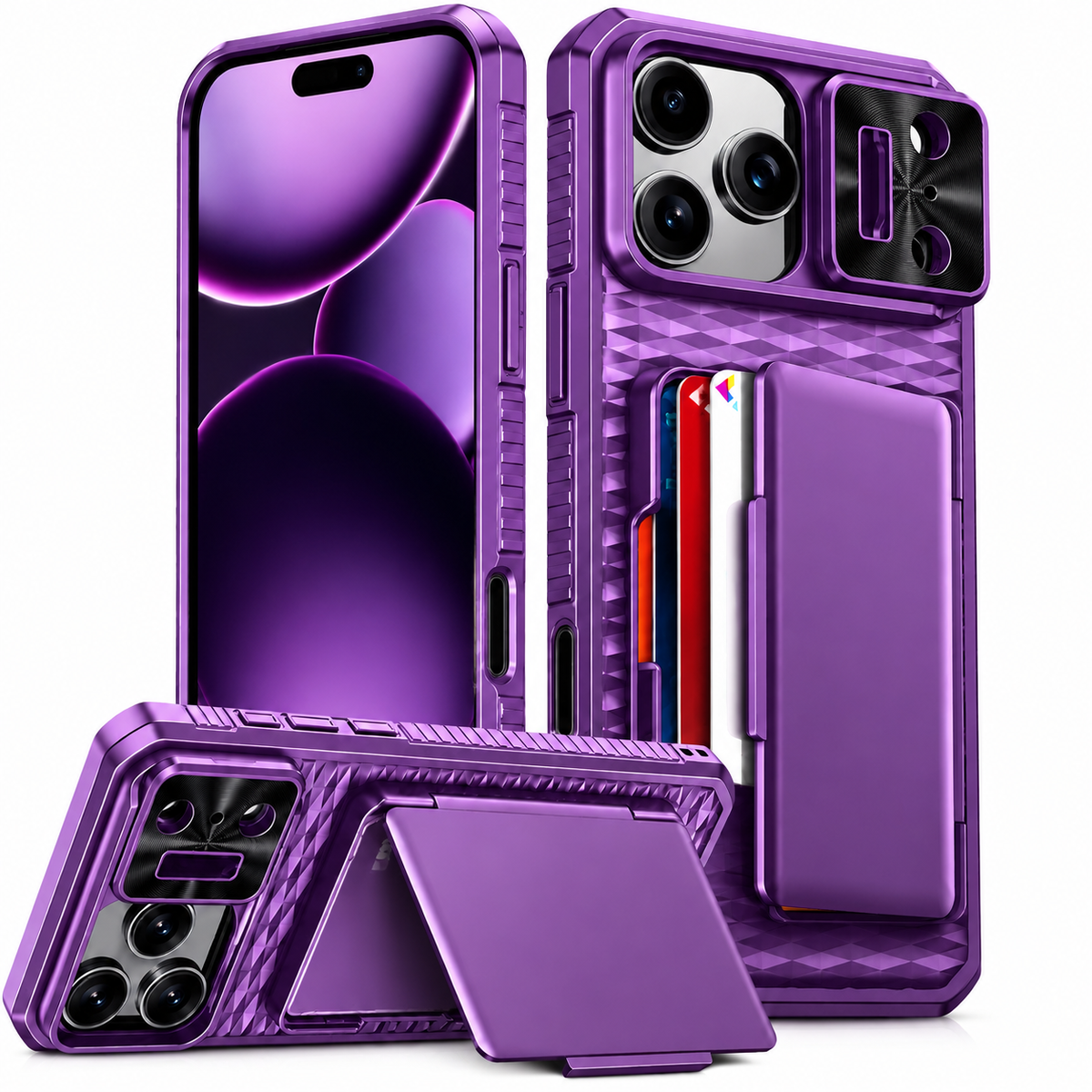 Premium iPhone Case MagSafe Wallet Card Holder Sliding Camera Cover RFID Blocking Shockproof Kickstand Dual Layer Protective Cover Full Protection Fit