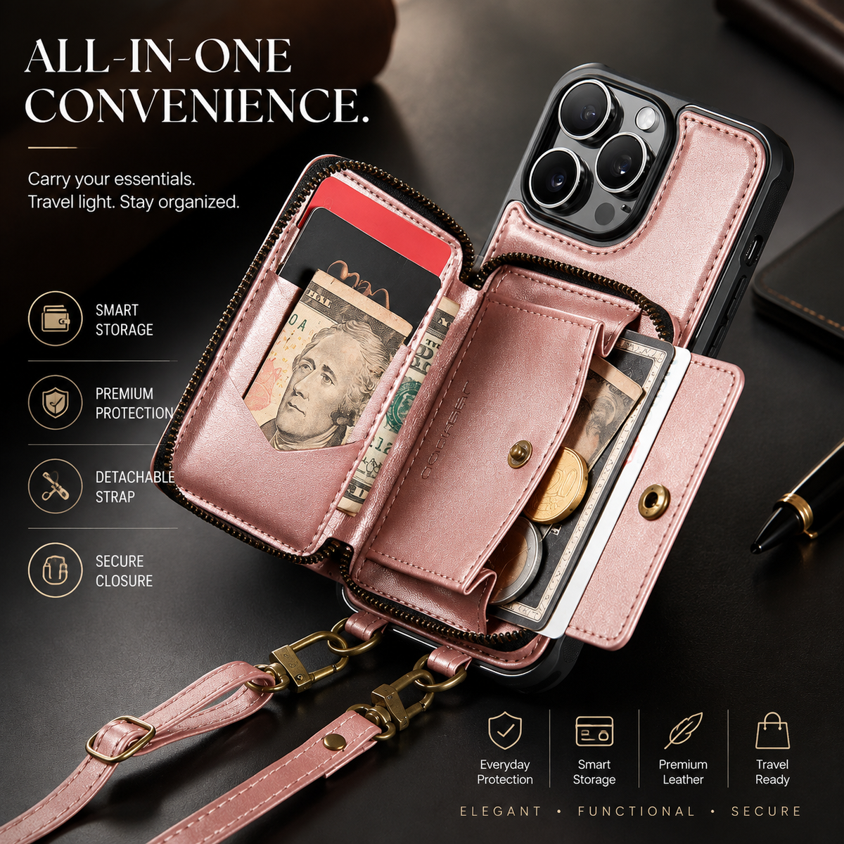 Premium iPhone Case MagSafe Wallet Leather Crossbody Card Holder Stand Shockproof Protective Cover Camera Lens Protection Slim Design Phone Chain Grip
