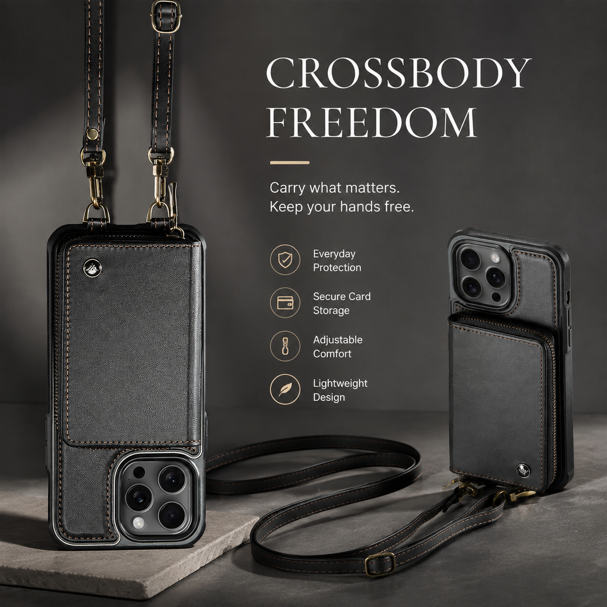 Premium iPhone Case MagSafe Wallet Leather Crossbody Card Holder Stand Shockproof Protective Cover Camera Lens Protection Slim Design Phone Chain Grip