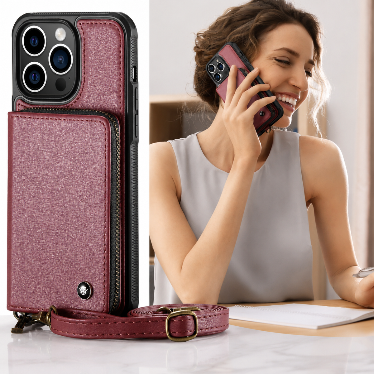 Premium iPhone Case MagSafe Wallet Leather Crossbody Card Holder Stand Shockproof Protective Cover Camera Lens Protection Slim Design Phone Chain Grip