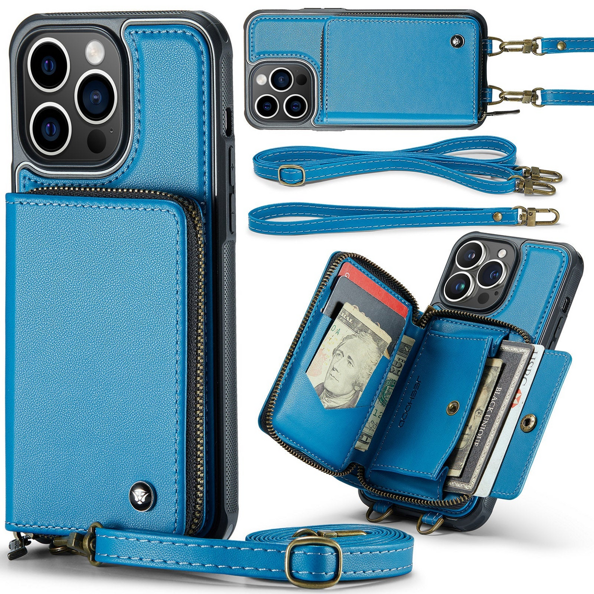 Premium iPhone Case MagSafe Wallet Leather Crossbody Card Holder Stand Shockproof Protective Cover Camera Lens Protection Slim Design Phone Chain Grip