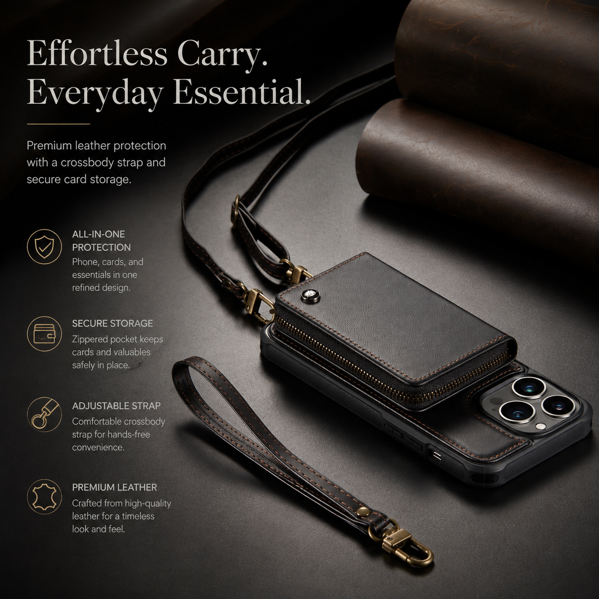 Premium iPhone Case MagSafe Wallet Leather Crossbody Card Holder Stand Shockproof Protective Cover Camera Lens Protection Slim Design Phone Chain Grip