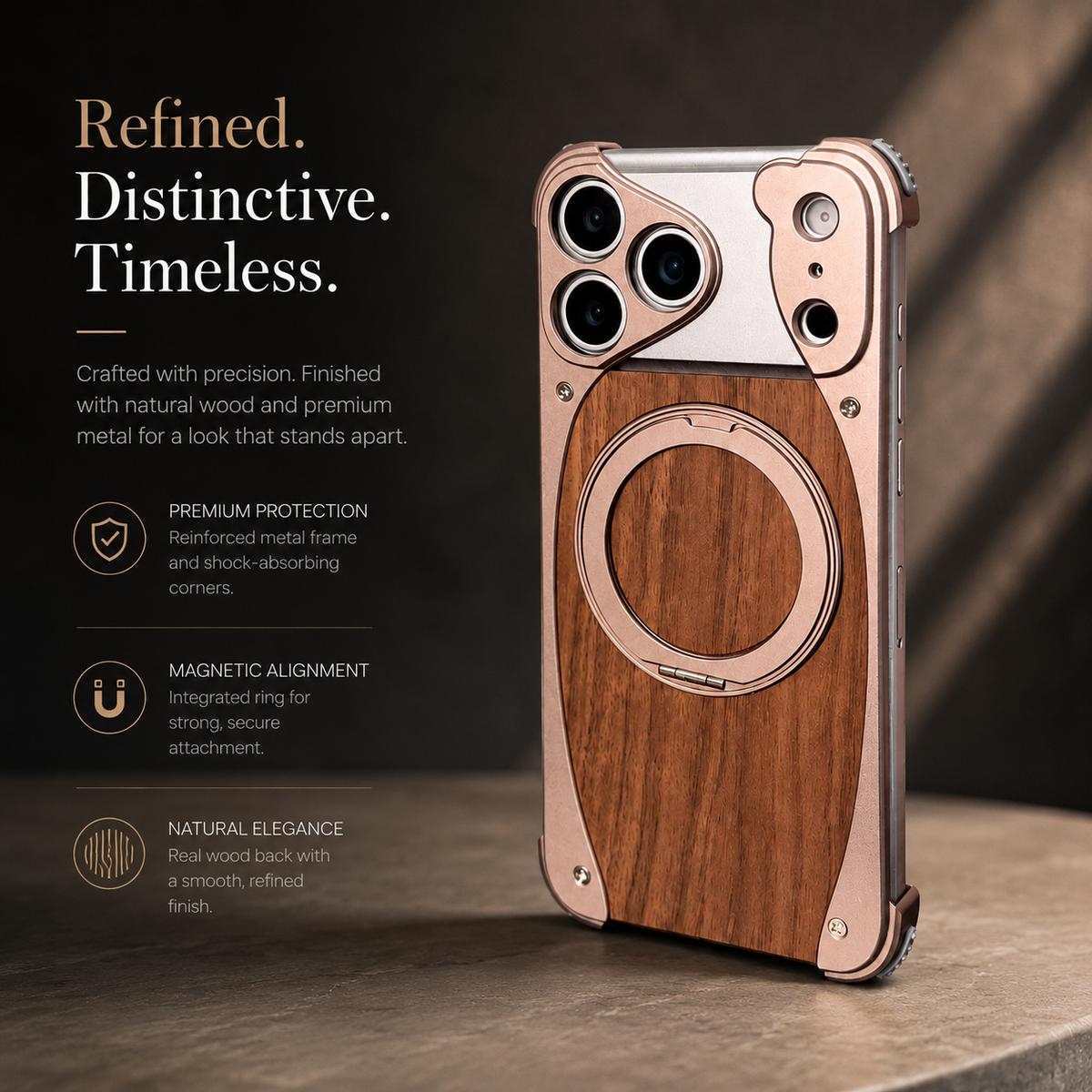 Premium iPhone Case MagSafe Walnut Wood Aluminum Frame Magnetic 360 Rotating Ring Stand Shockproof Non Slip Slim Lightweight Frameless Protective Cover