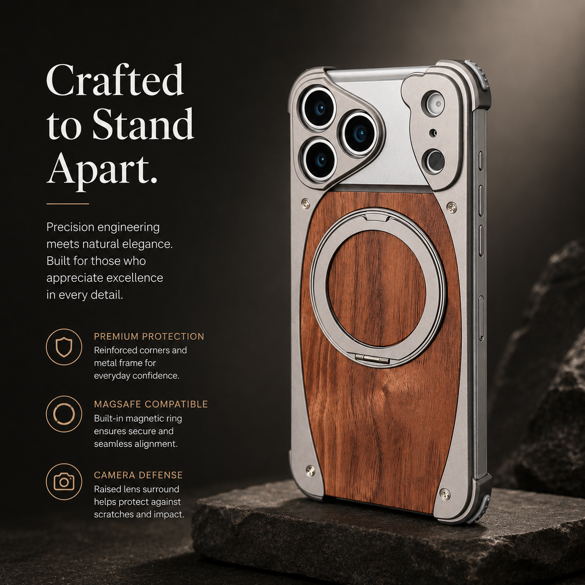 Premium iPhone Case MagSafe Walnut Wood Aluminum Frame Magnetic 360 Rotating Ring Stand Shockproof Non Slip Slim Lightweight Frameless Protective Cover