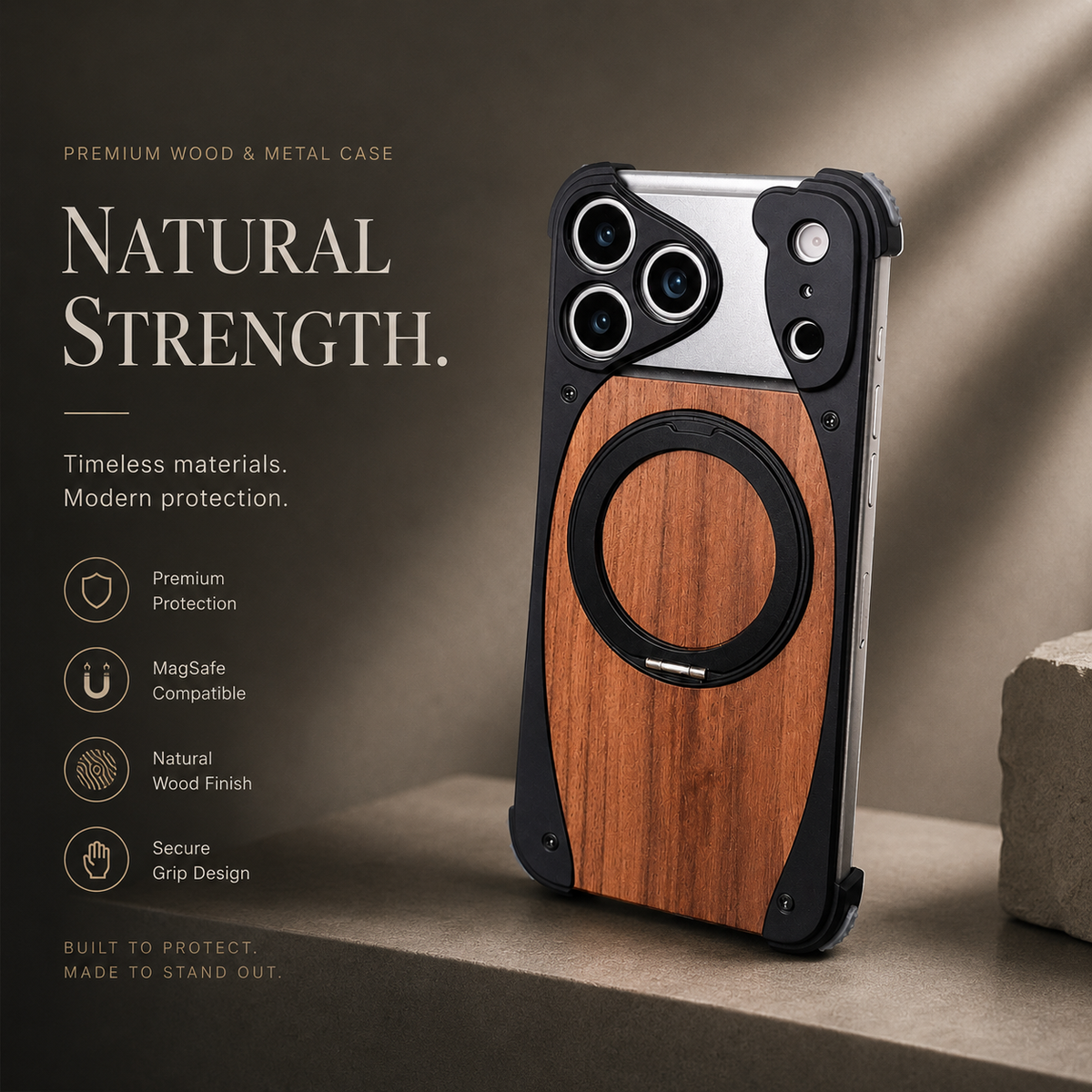 Premium iPhone Case MagSafe Walnut Wood Aluminum Frame Magnetic 360 Rotating Ring Stand Shockproof Non Slip Slim Lightweight Frameless Protective Cover