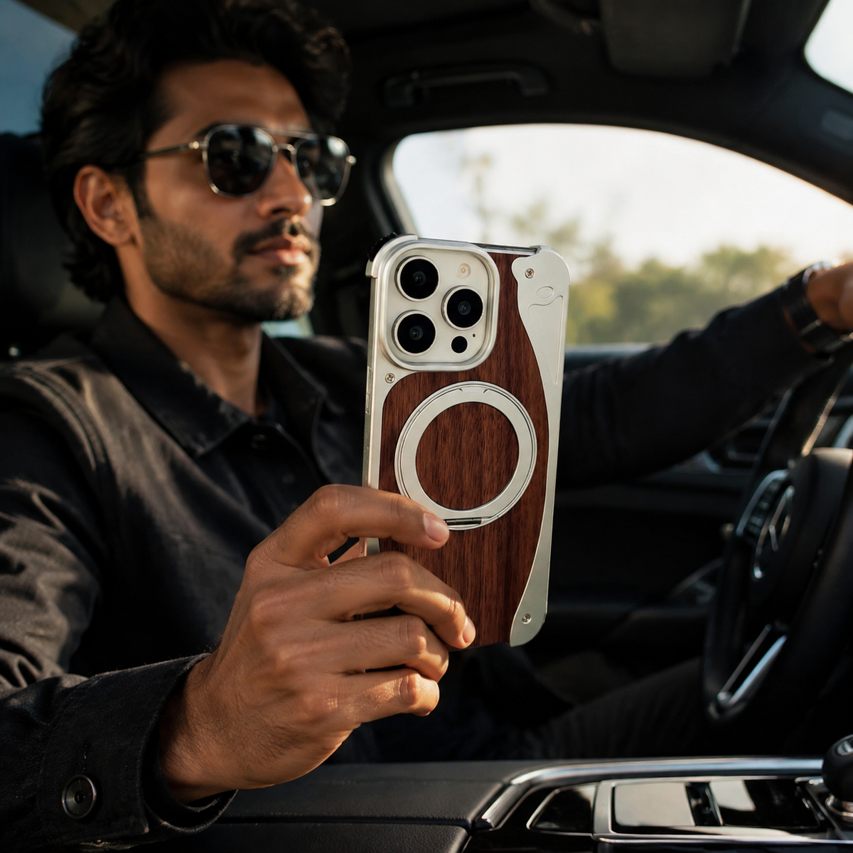 Premium iPhone Case MagSafe Walnut Wood Aluminum Frame Magnetic 360 Rotating Ring Stand Shockproof Non Slip Slim Lightweight Frameless Protective Cover
