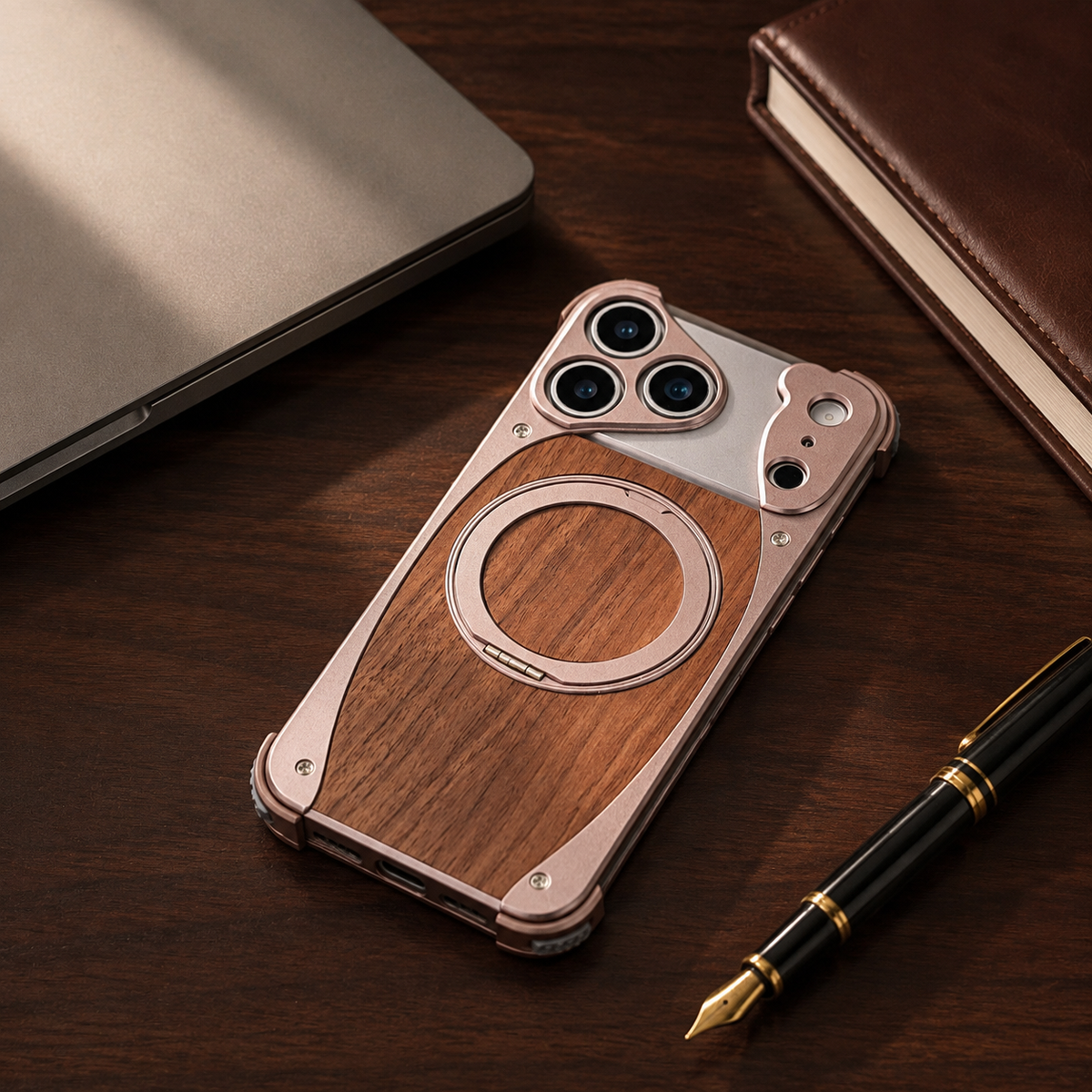 Premium iPhone Case MagSafe Walnut Wood Aluminum Frame Magnetic 360 Rotating Ring Stand Shockproof Non Slip Slim Lightweight Frameless Protective Cover