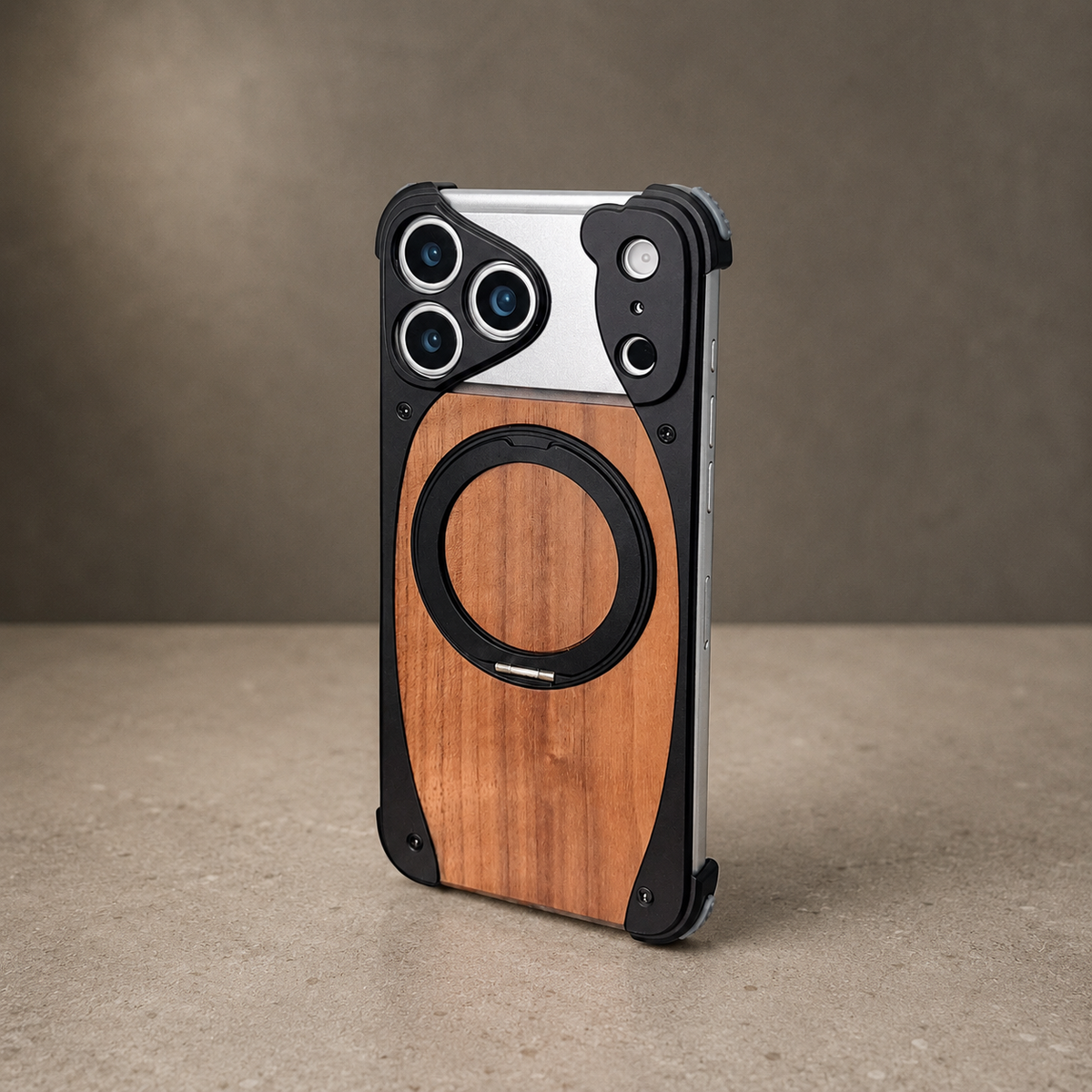 Premium iPhone Case MagSafe Walnut Wood Aluminum Frame Magnetic 360 Rotating Ring Stand Shockproof Non Slip Slim Lightweight Frameless Protective Cover