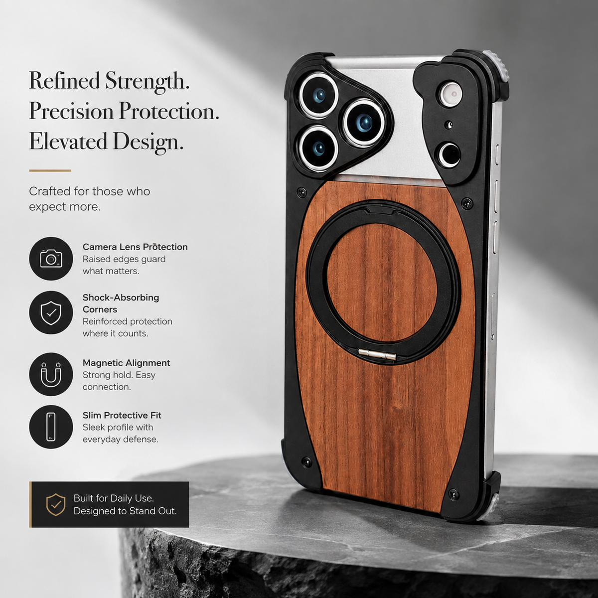 Premium iPhone Case MagSafe Walnut Wood Aluminum Frame Magnetic 360 Rotating Ring Stand Shockproof Non Slip Slim Lightweight Frameless Protective Cover
