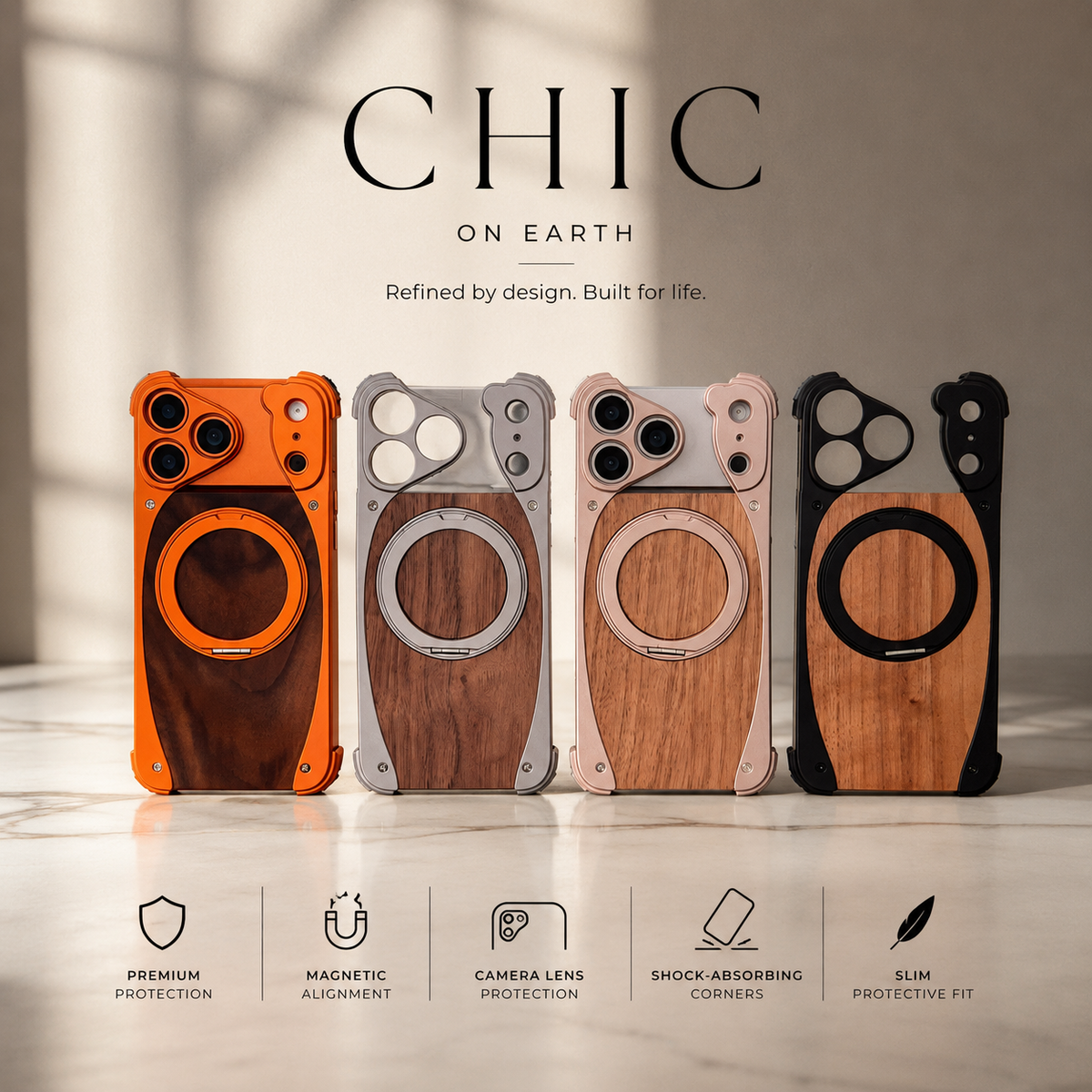 Premium iPhone Case MagSafe Walnut Wood Metal Frame 360 Rotating Ring Stand Magnetic Shockproof Aluminum Alloy Non Slip Slim Frameless Protective Cover
