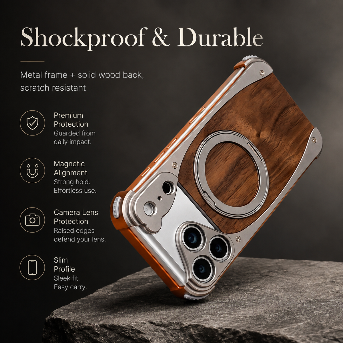 Premium iPhone Case MagSafe Walnut Wood Metal Frame 360 Rotating Ring Stand Magnetic Shockproof Aluminum Alloy Non Slip Slim Frameless Protective Cover
