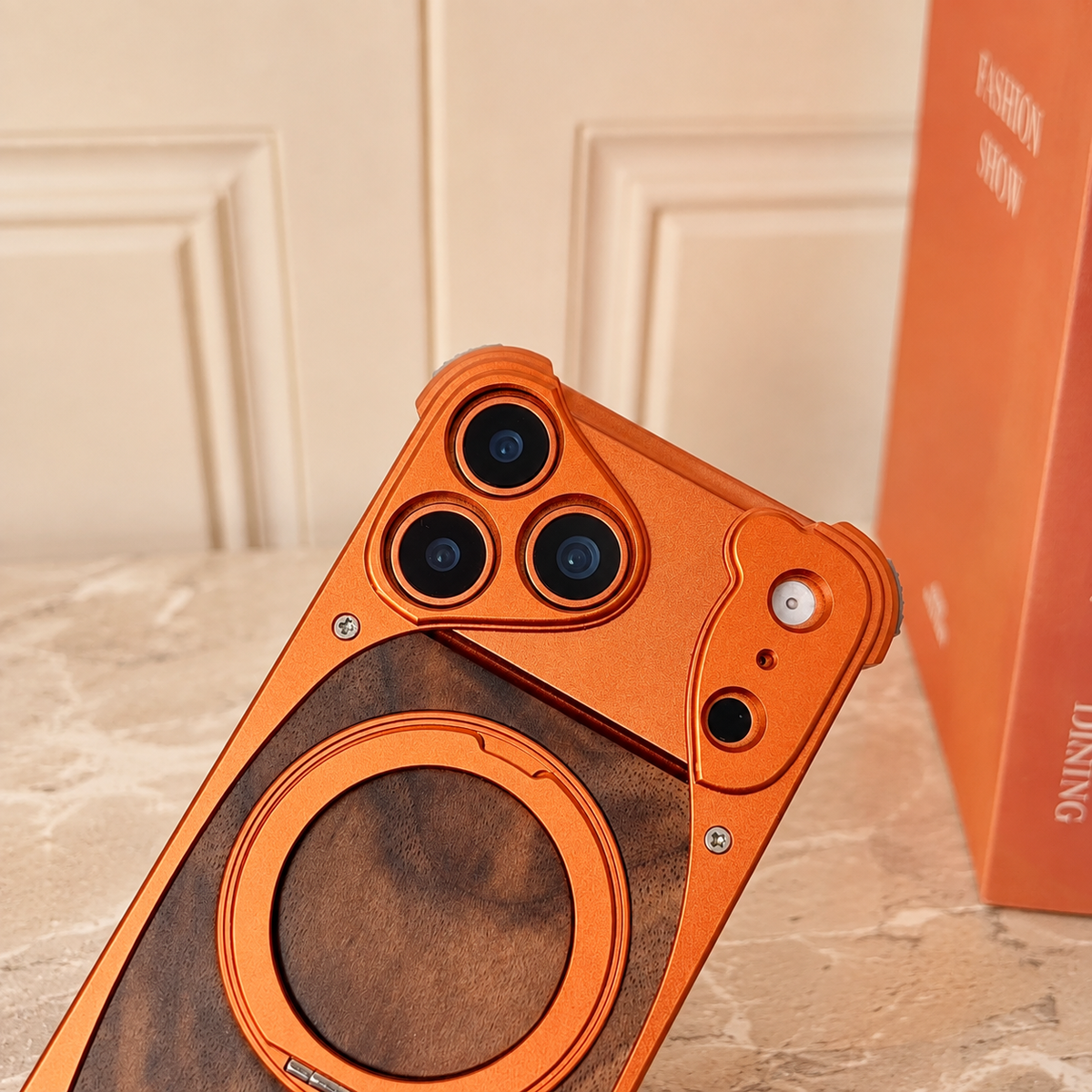 Premium iPhone Case MagSafe Walnut Wood Metal Frame 360 Rotating Ring Stand Magnetic Shockproof Aluminum Alloy Non Slip Slim Frameless Protective Cover