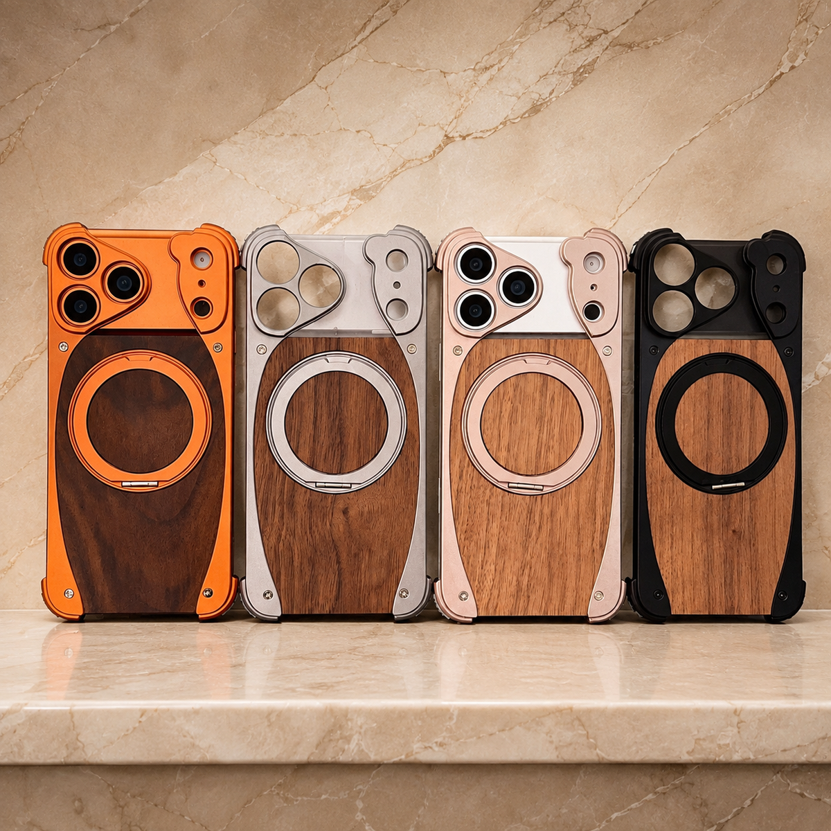 Premium iPhone Case MagSafe Walnut Wood Metal Frame 360 Rotating Ring Stand Magnetic Shockproof Aluminum Alloy Non Slip Slim Frameless Protective Cover