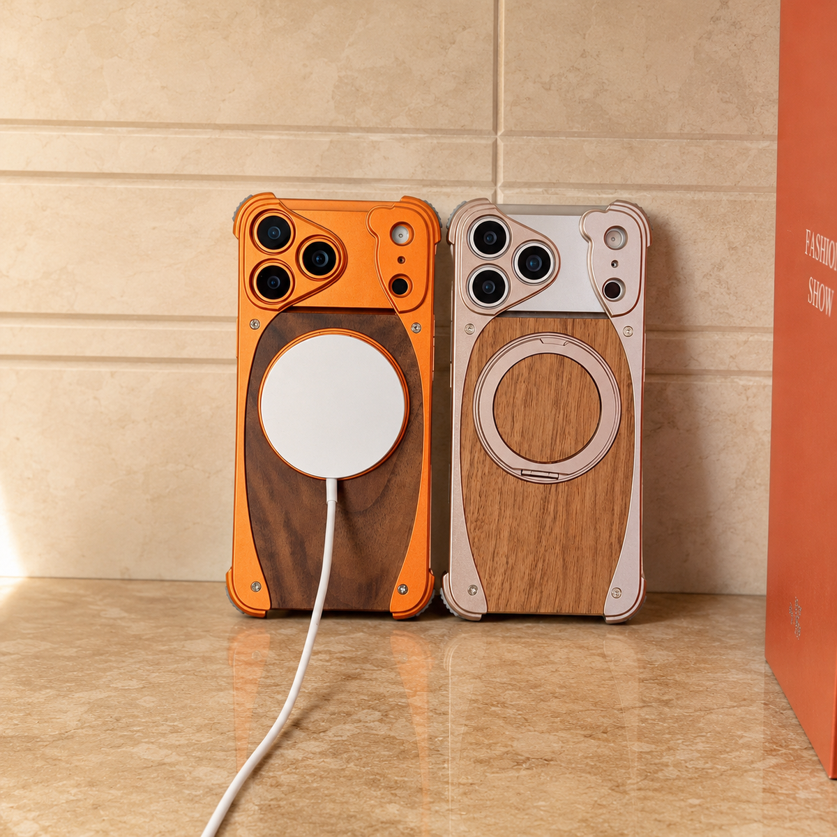 Premium iPhone Case MagSafe Walnut Wood Metal Frame 360 Rotating Ring Stand Magnetic Shockproof Aluminum Alloy Non Slip Slim Frameless Protective Cover