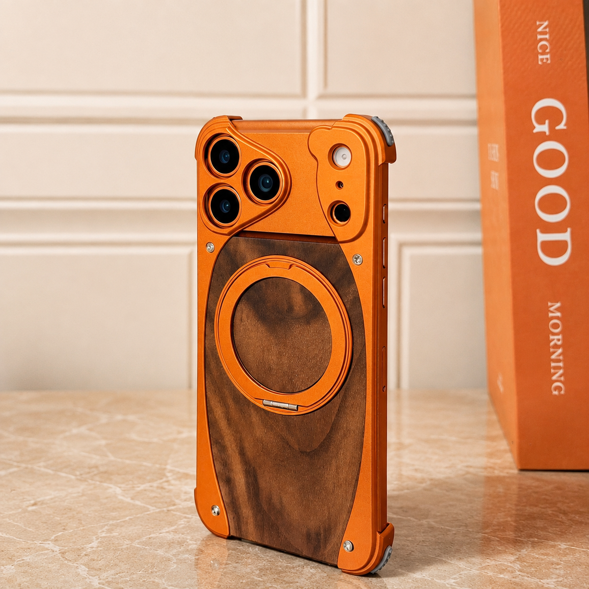 Premium iPhone Case MagSafe Walnut Wood Metal Frame 360 Rotating Ring Stand Magnetic Shockproof Aluminum Alloy Non Slip Slim Frameless Protective Cover