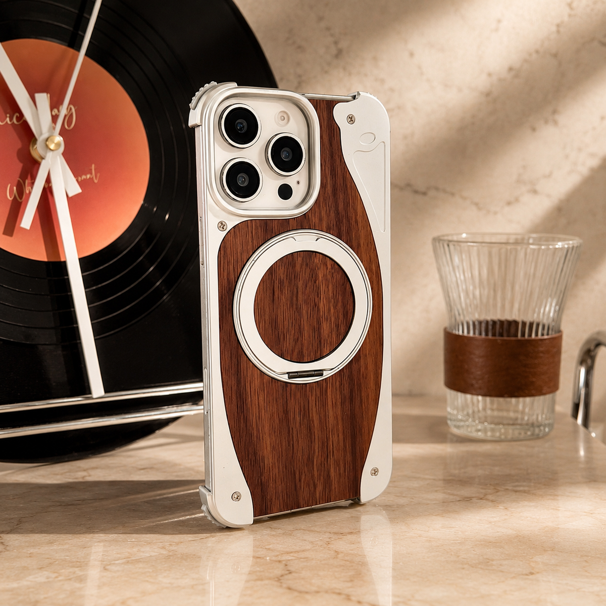 Premium iPhone Case MagSafe Walnut Wood Metal Frame 360 Rotating Ring Stand Magnetic Shockproof Aluminum Alloy Non Slip Slim Frameless Protective Cover