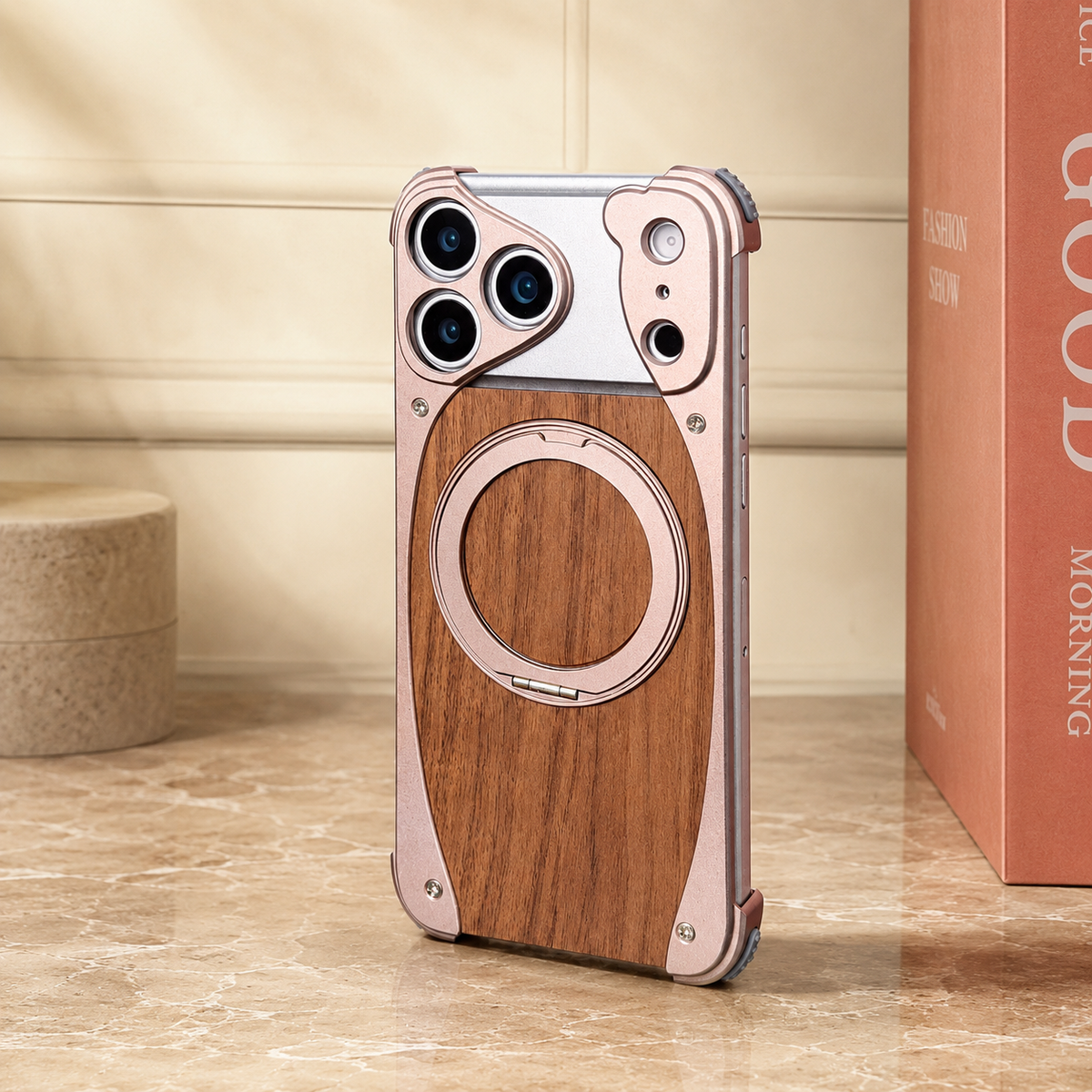 Premium iPhone Case MagSafe Walnut Wood Metal Frame 360 Rotating Ring Stand Magnetic Shockproof Aluminum Alloy Non Slip Slim Frameless Protective Cover