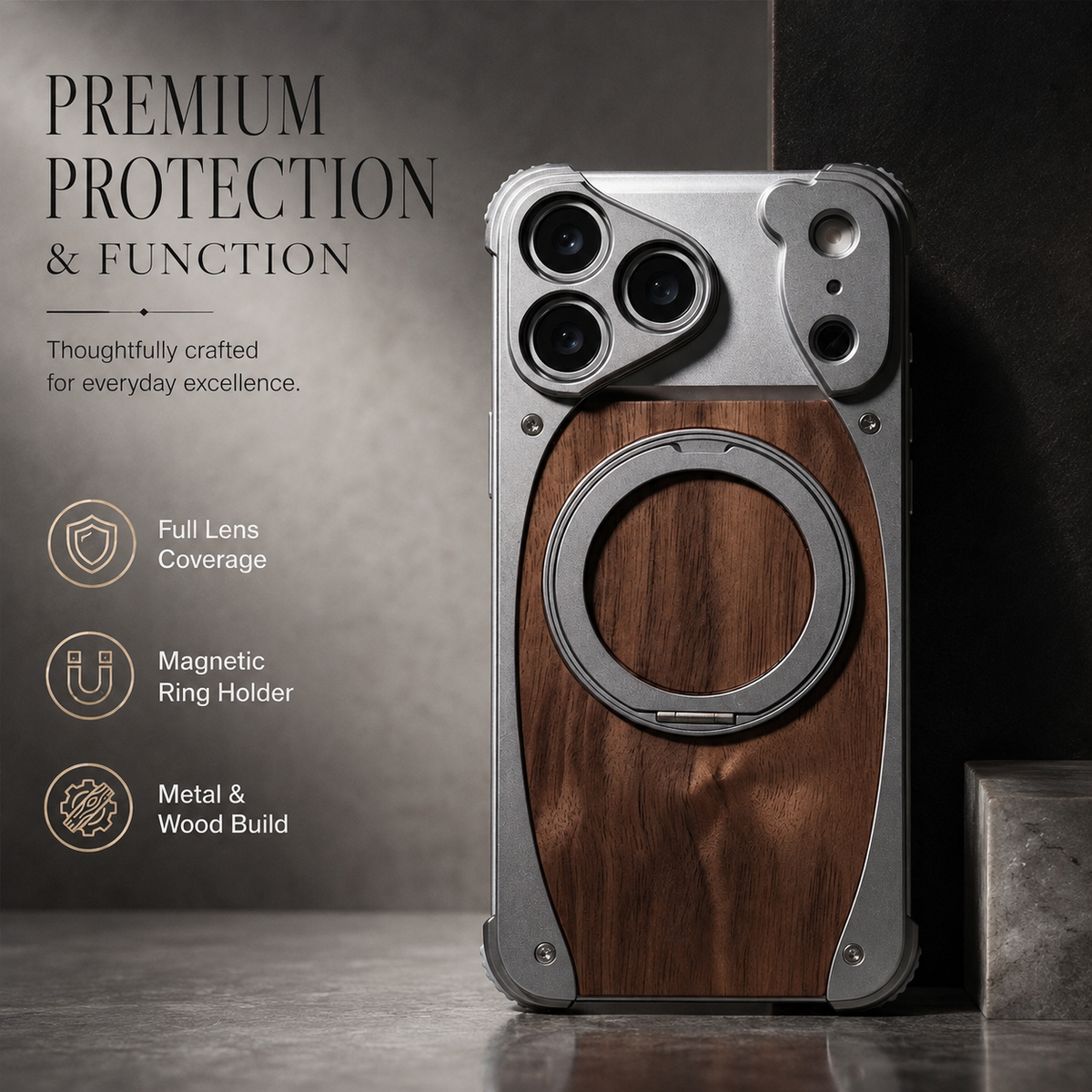 Premium iPhone Case MagSafe Walnut Wood Metal Frame 360 Rotating Ring Stand Magnetic Shockproof Aluminum Alloy Non Slip Slim Frameless Protective Cover