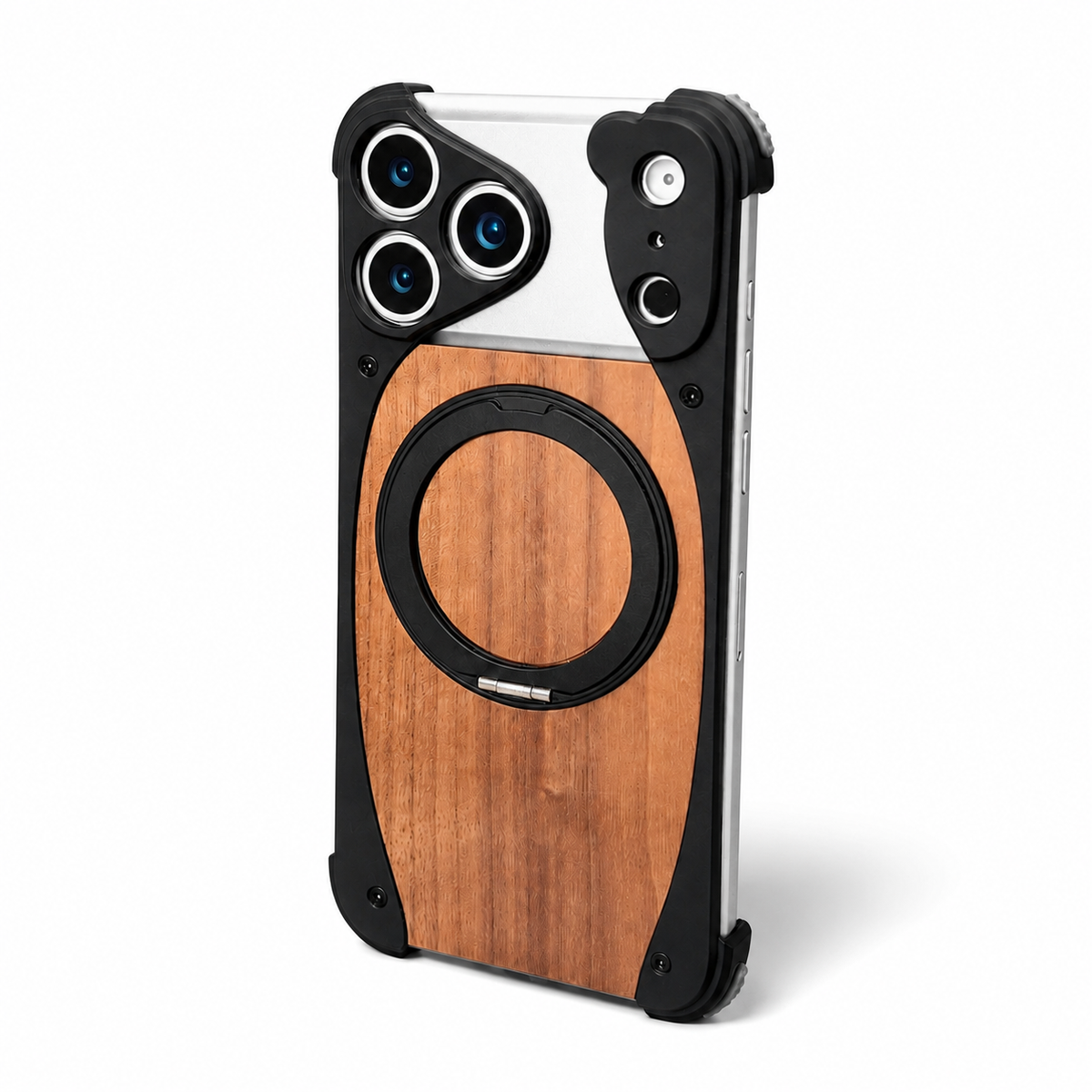Premium iPhone Case MagSafe Walnut Wood Metal Frame 360 Rotating Ring Stand Magnetic Shockproof Aluminum Alloy Non Slip Slim Frameless Protective Cover