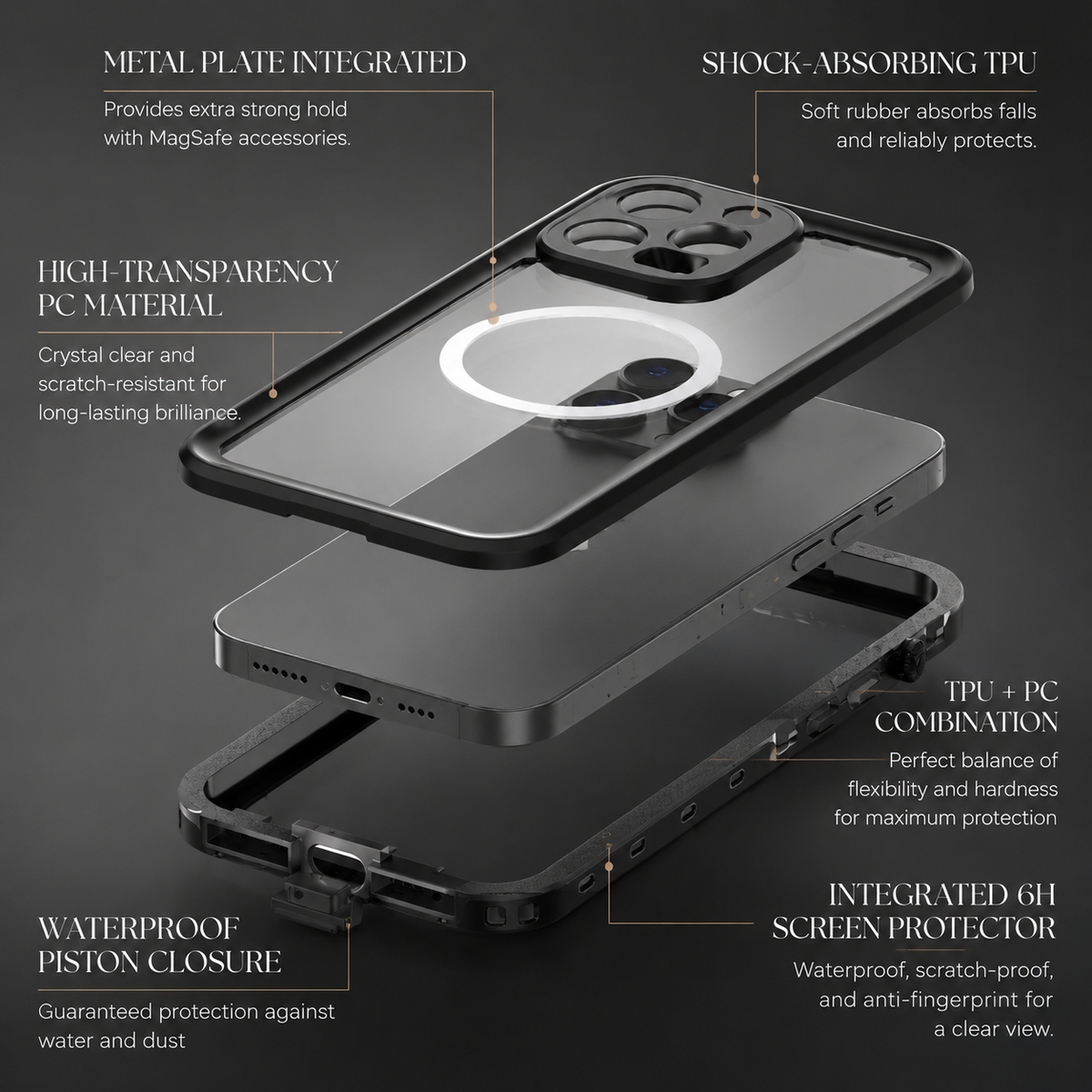 Premium iPhone Case MagSafe Waterproof IP68 Shockproof 360 Full Body Sealed Protective Cover Camera Lens Dustproof Anti Scratch Magnetic Slim Design Qi