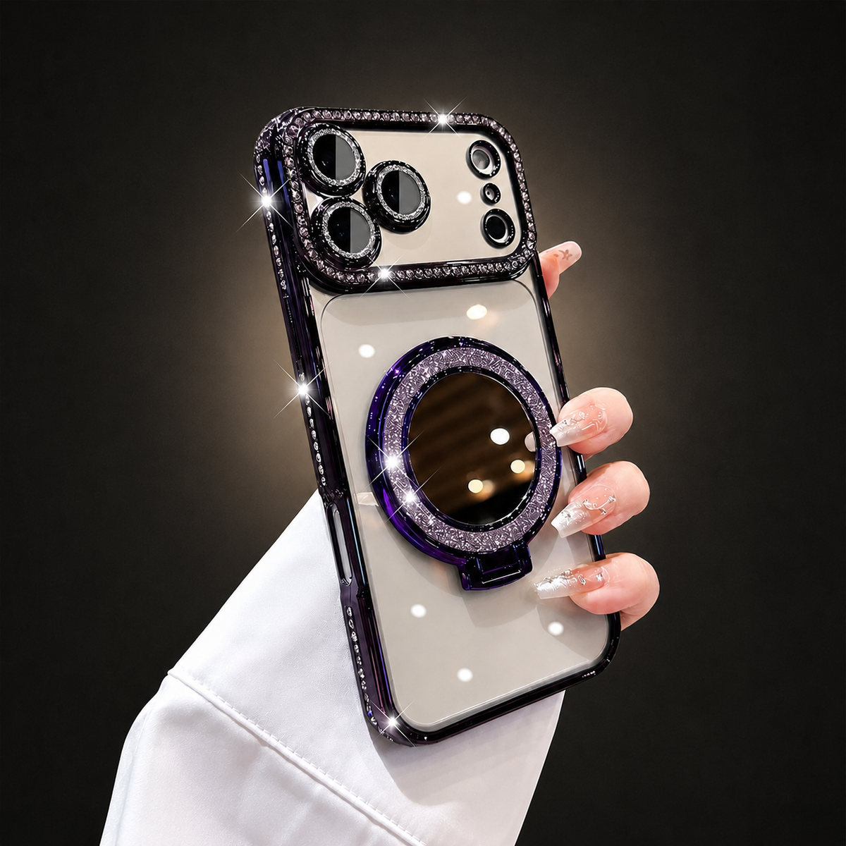 Premium iPhone Case Magnetic Diamond Mirror Stand Protective Cover Glitter Anti Scratch Bling Kickstand Slim Sparkling Fashion Hard Shell Case