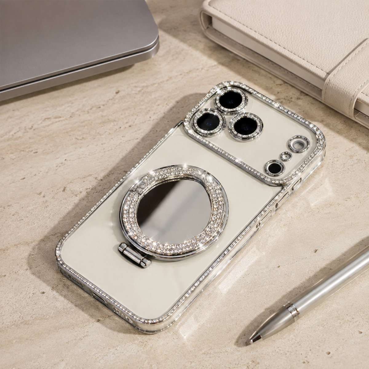 Premium iPhone Case Magnetic Diamond Mirror Stand Protective Cover Glitter Anti Scratch Bling Kickstand Slim Sparkling Fashion Hard Shell Case