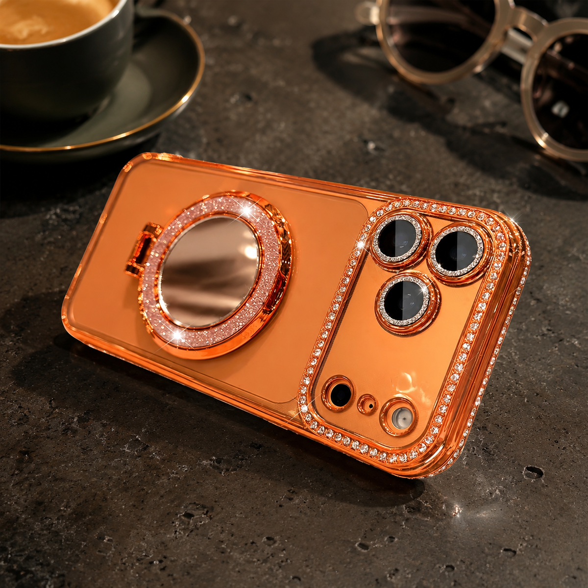 Premium iPhone Case Magnetic Diamond Mirror Stand Protective Cover Glitter Anti Scratch Bling Kickstand Slim Sparkling Fashion Hard Shell Case