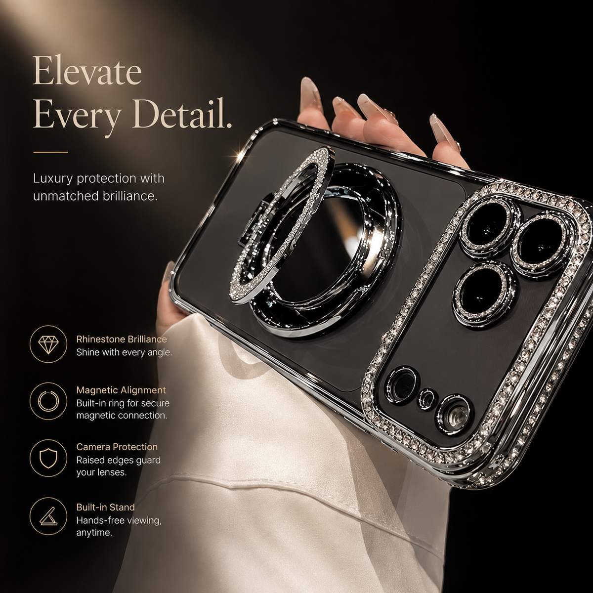 Premium iPhone Case Magnetic Diamond Mirror Stand Protective Cover Glitter Anti Scratch Bling Kickstand Slim Sparkling Fashion Hard Shell Case