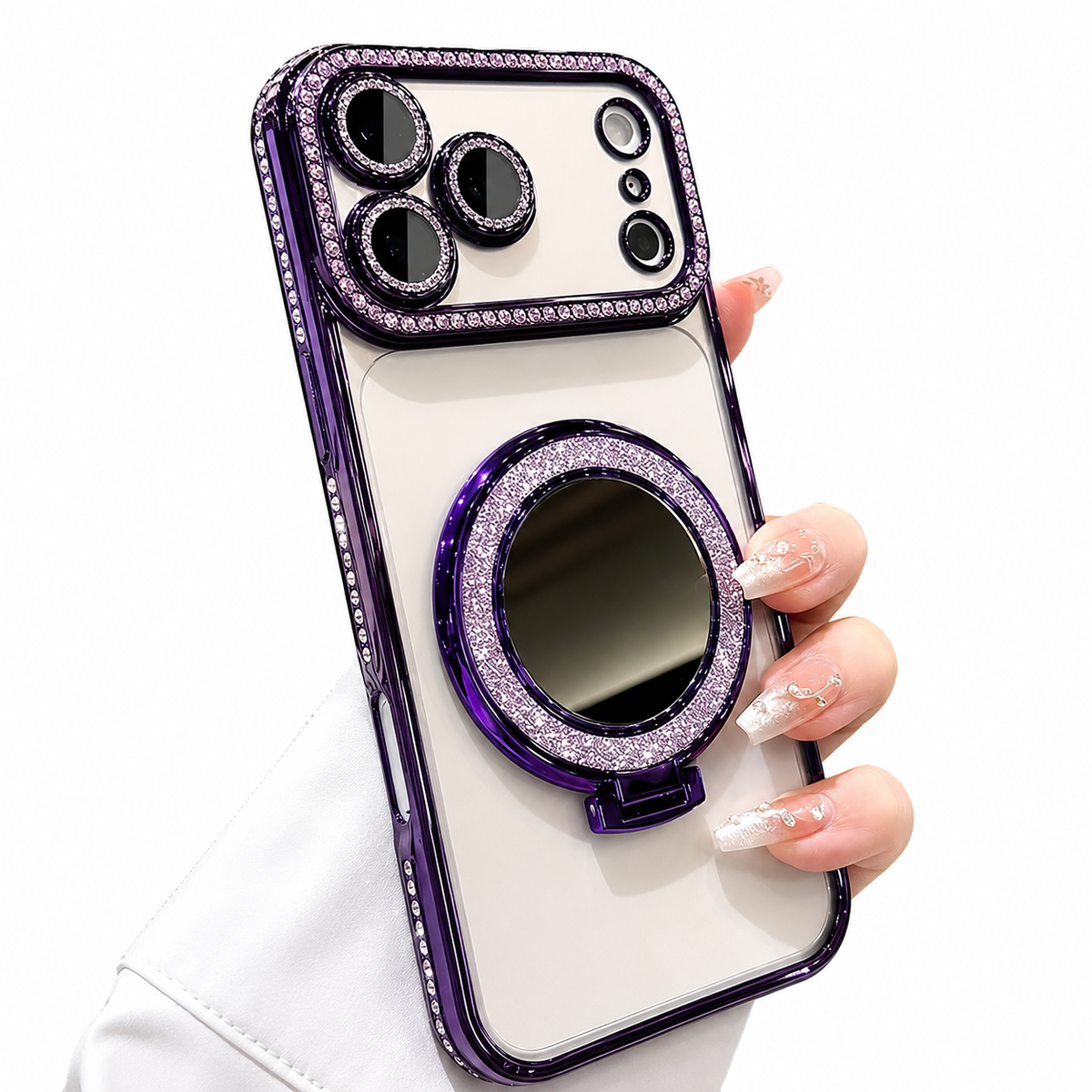 Premium iPhone Case Magnetic Diamond Mirror Stand Protective Cover Glitter Anti Scratch Bling Kickstand Slim Sparkling Fashion Hard Shell Case