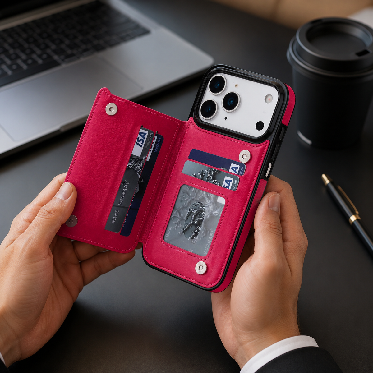 Premium iPhone Case Magnetic Flip Wallet Cover Faux Leather Card Holder Kickstand Shockproof Full Body Camera Lens Guard Slim Design