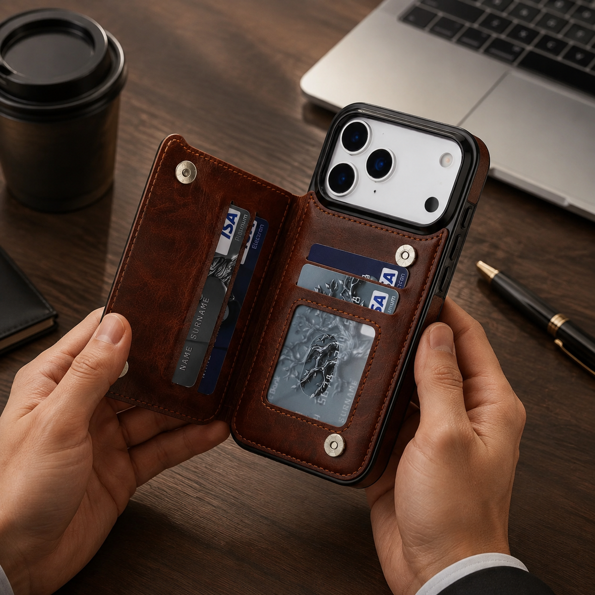 Premium iPhone Case Magnetic Flip Wallet Cover Faux Leather Card Holder Kickstand Shockproof Full Body Camera Lens Guard Slim Design