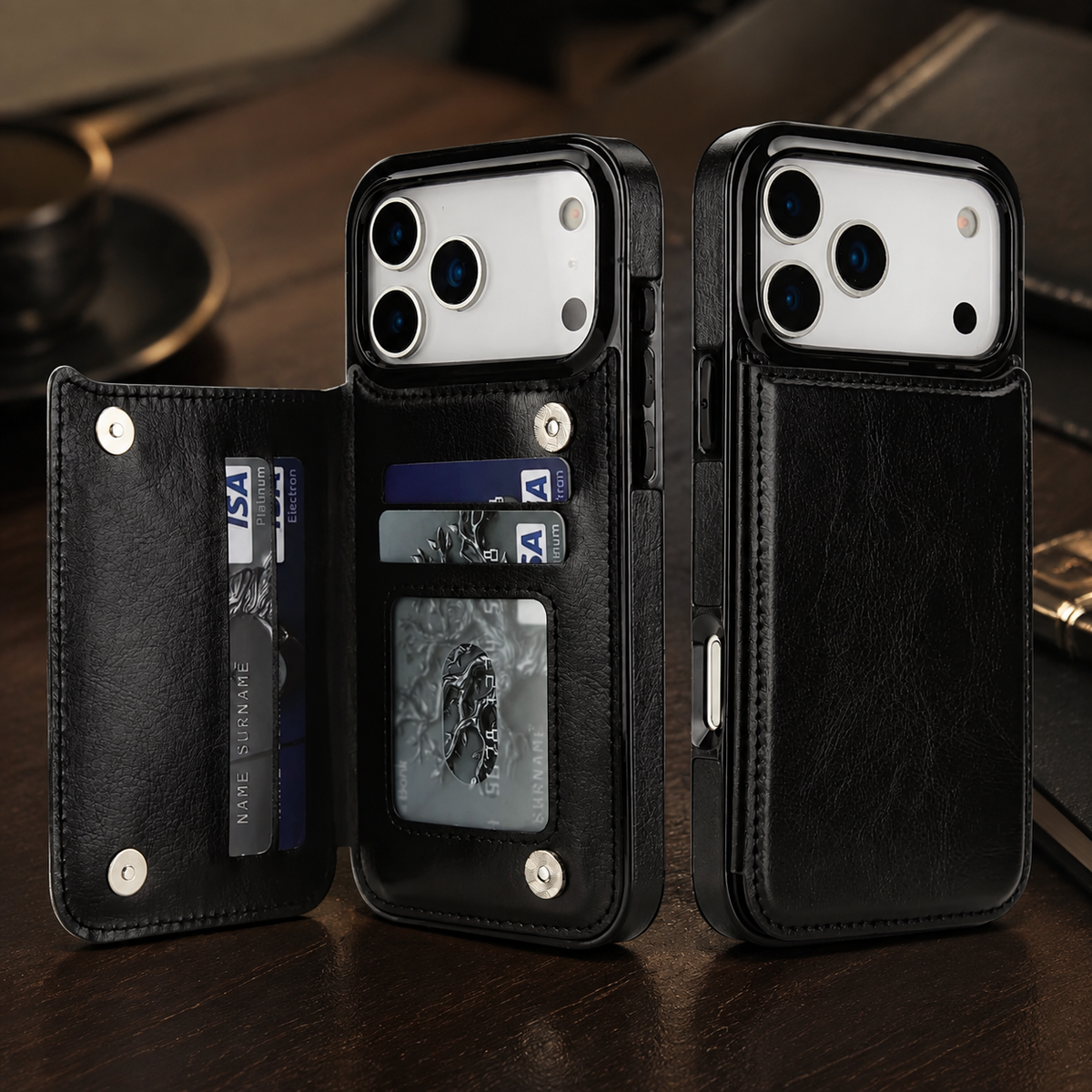 Premium iPhone Case Magnetic Flip Wallet Cover Faux Leather Card Holder Kickstand Shockproof Full Body Camera Lens Guard Slim Design