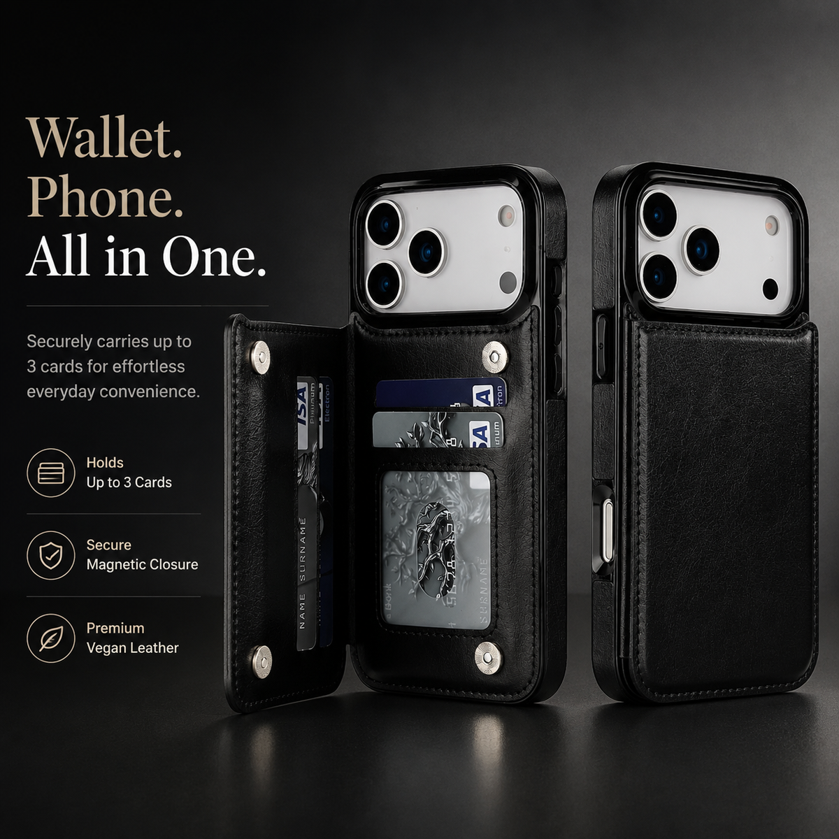 Premium iPhone Case Magnetic Flip Wallet Cover Faux Leather Card Holder Kickstand Shockproof Full Body Camera Lens Guard Slim Design