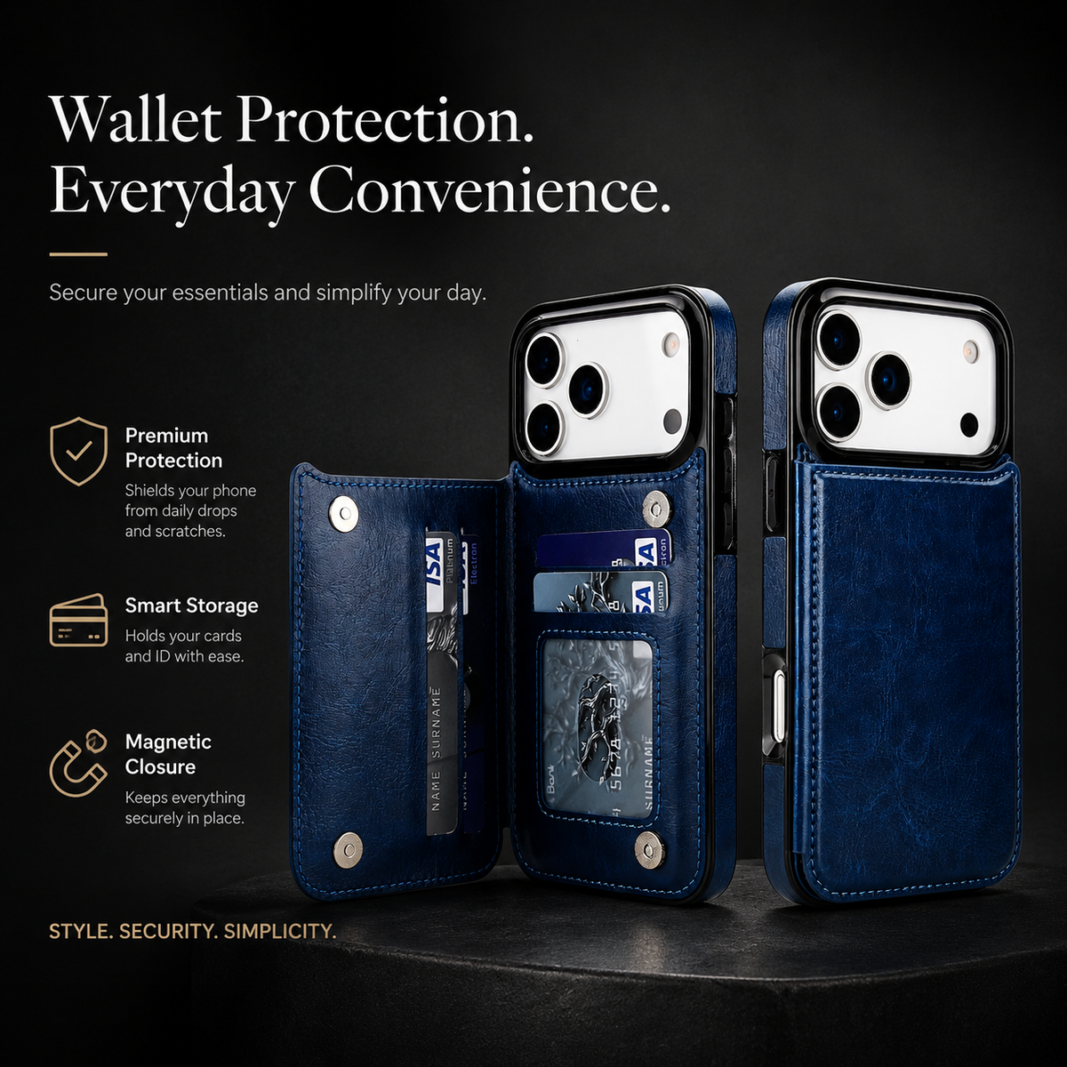 Premium iPhone Case Magnetic Flip Wallet Cover Faux Leather Card Holder Kickstand Shockproof Full Body Camera Lens Guard Slim Design