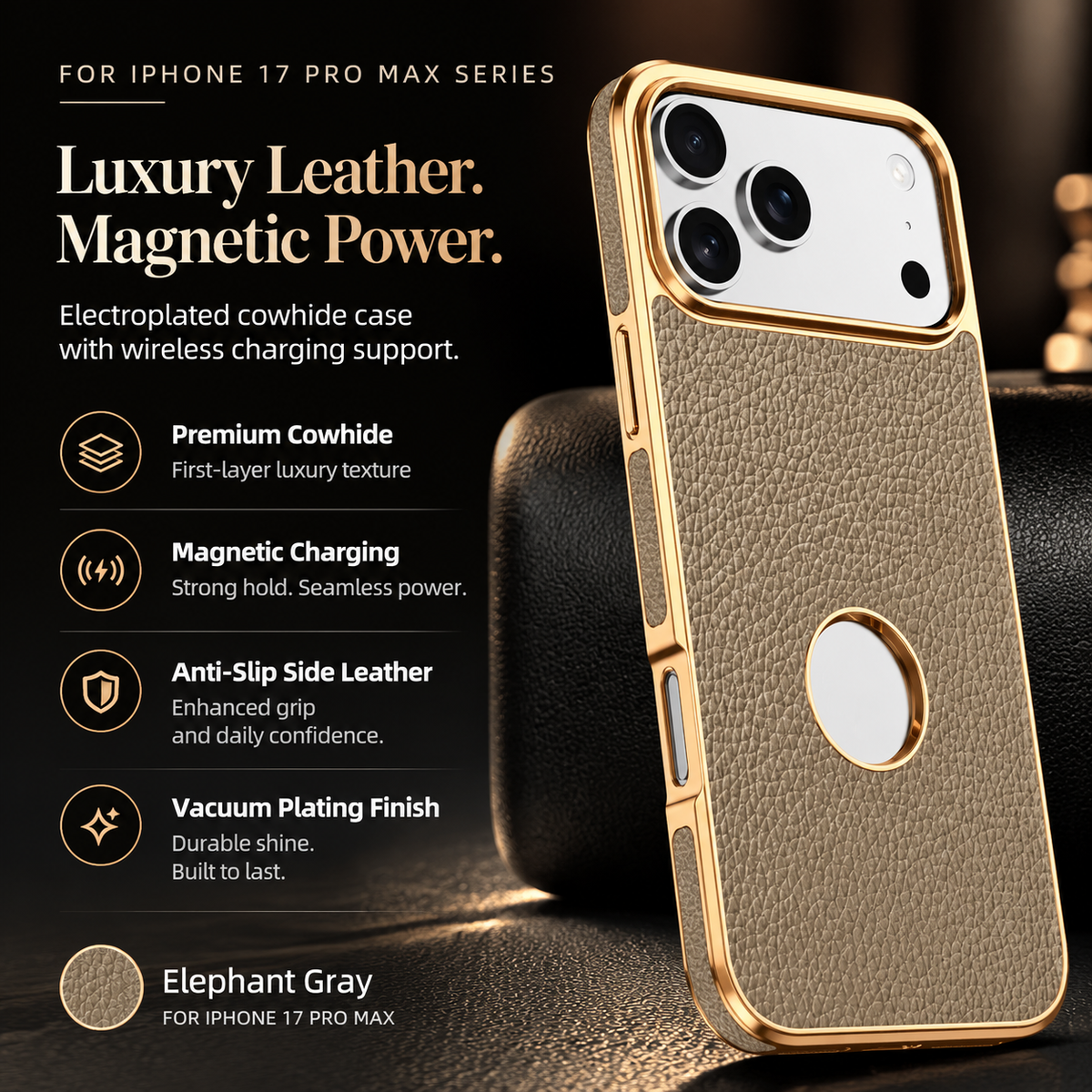Premium iPhone Case Magnetic Genuine Leather Cowhide Lychee Texture Slim Protective Cover MagSafe Compatible Anti Fingerprint Non Slip Grip