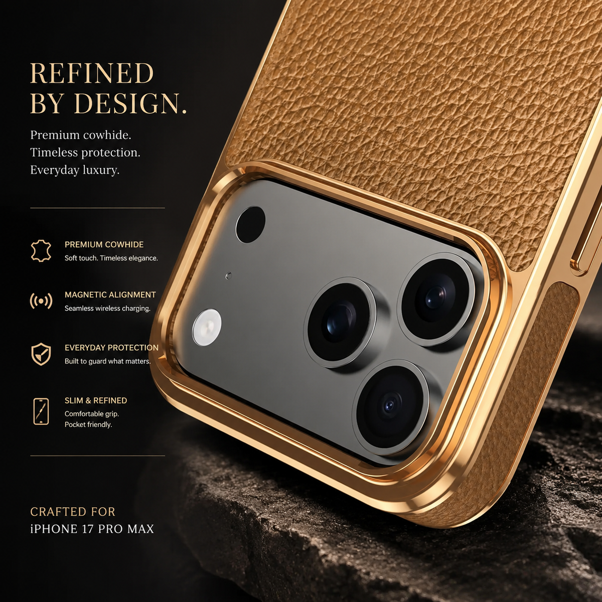 Premium iPhone Case Magnetic Genuine Leather Cowhide Lychee Texture Slim Protective Cover MagSafe Compatible Anti Fingerprint Non Slip Grip